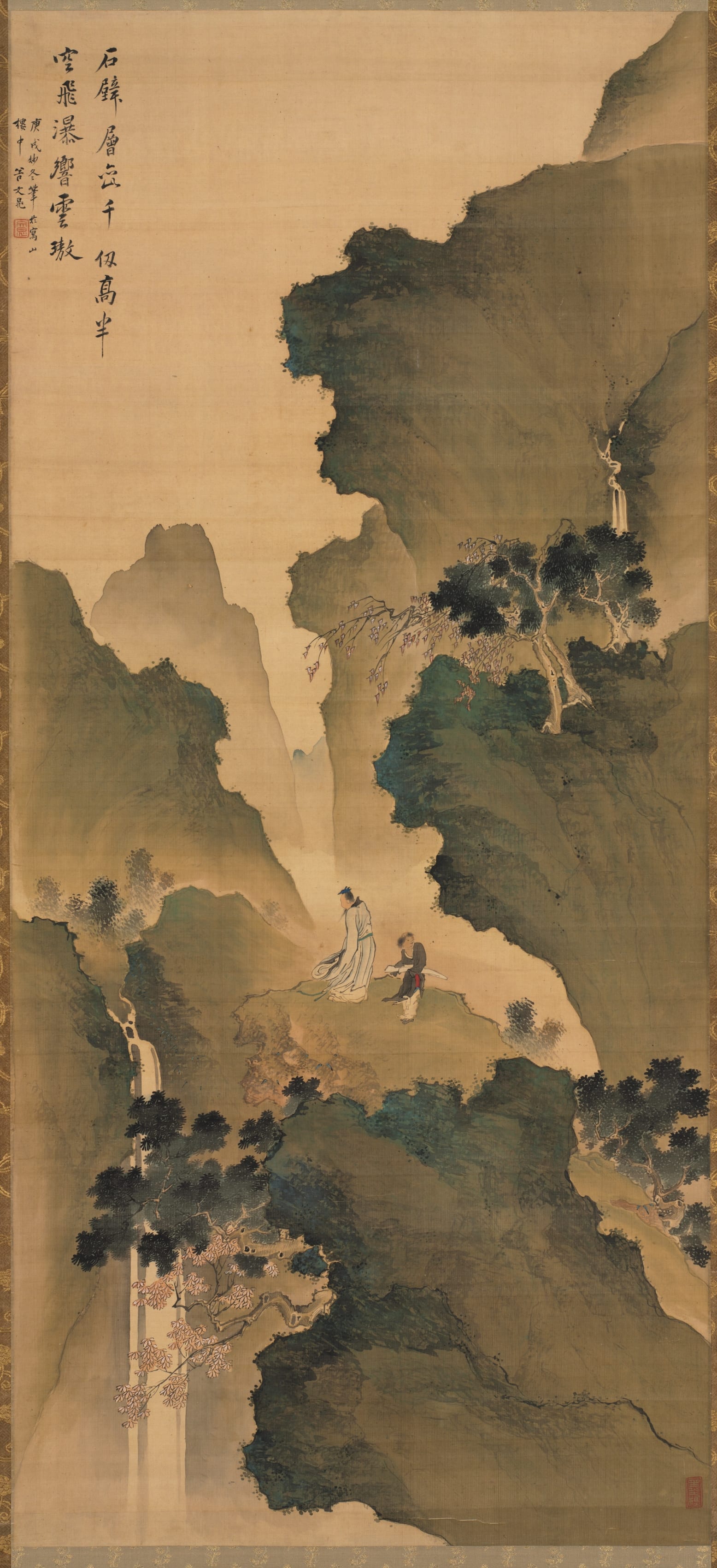 River landscape phone wallpaper from a painting: Gazing at a Waterfall, Tani Bunchō, 1790 — Cleveland Museum of Art