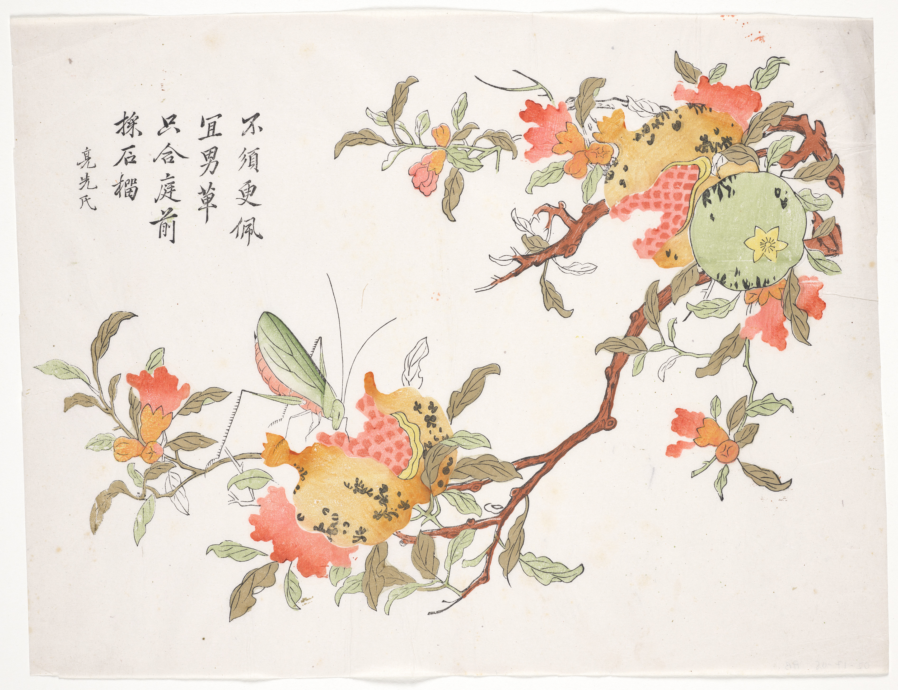 Bright grey desktop wallpaper from a print: Grasshopper on Pomegranate, Southeast China, 1700–1750 — Cleveland Museum of Art