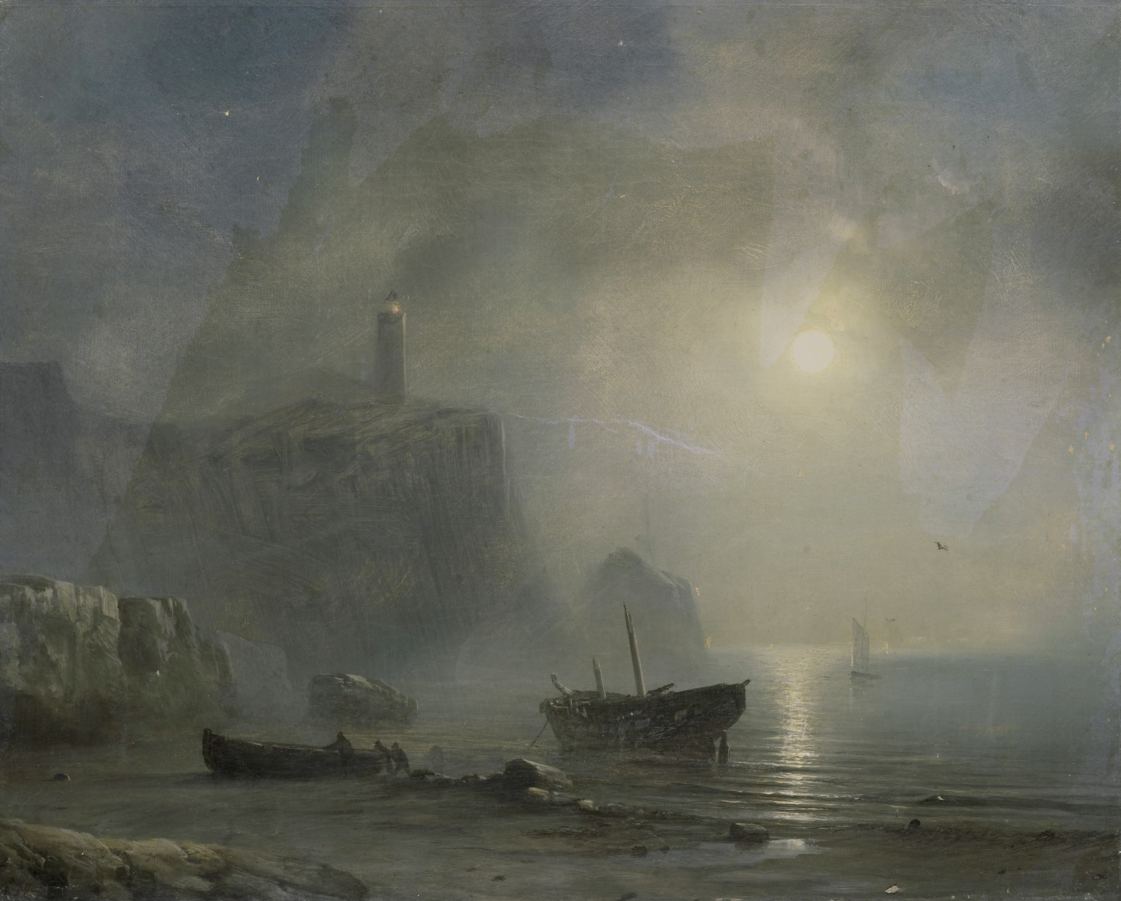 View of a Rocky Coast by Moonlight, the whole painting, desktop background