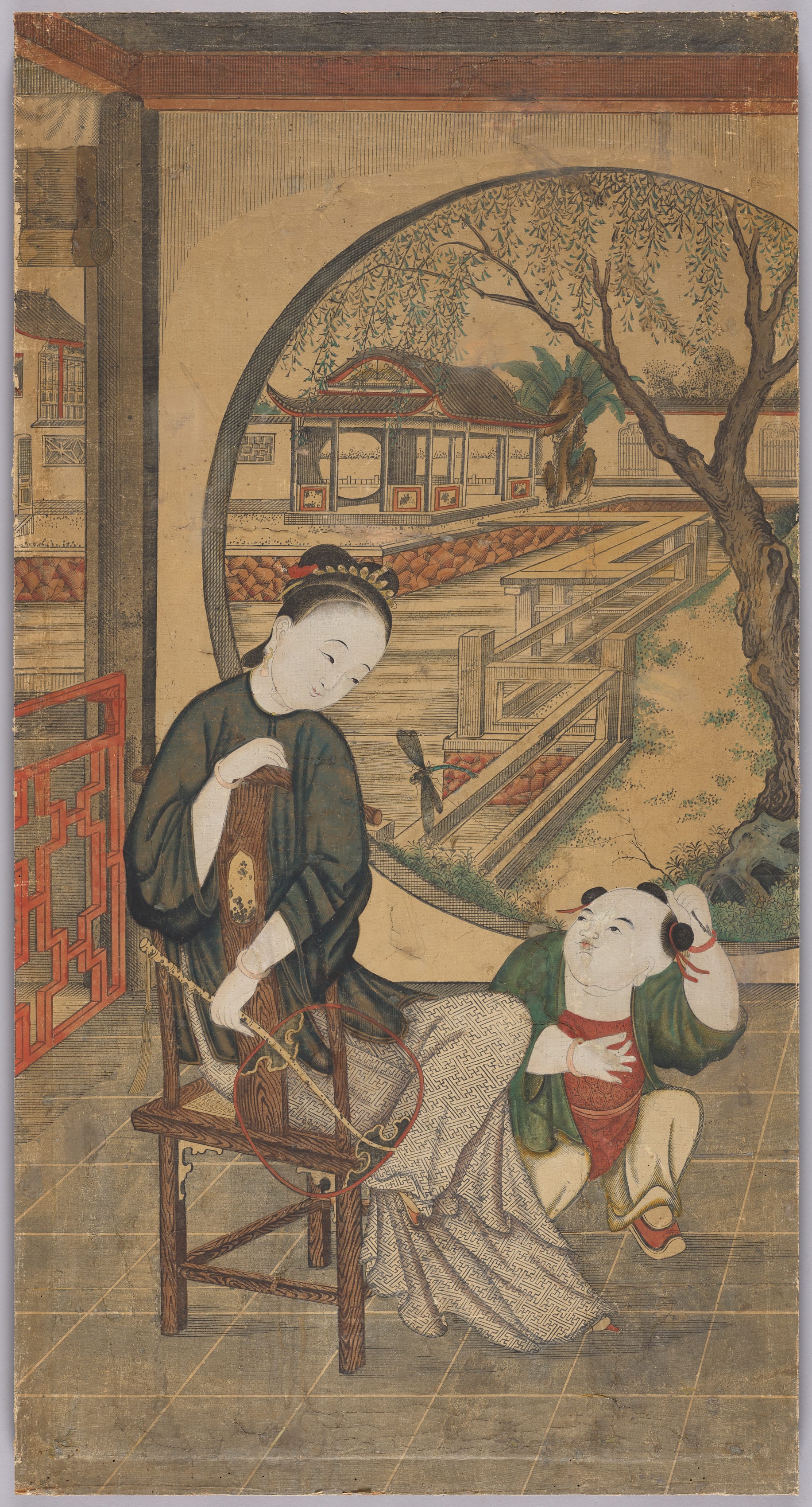 Soft amber phone wallpaper from a print: Gusu Beauty – Mother and Son in a Summer Pavilion, Southeast China, 1736–95 — Cleveland Museum of Art