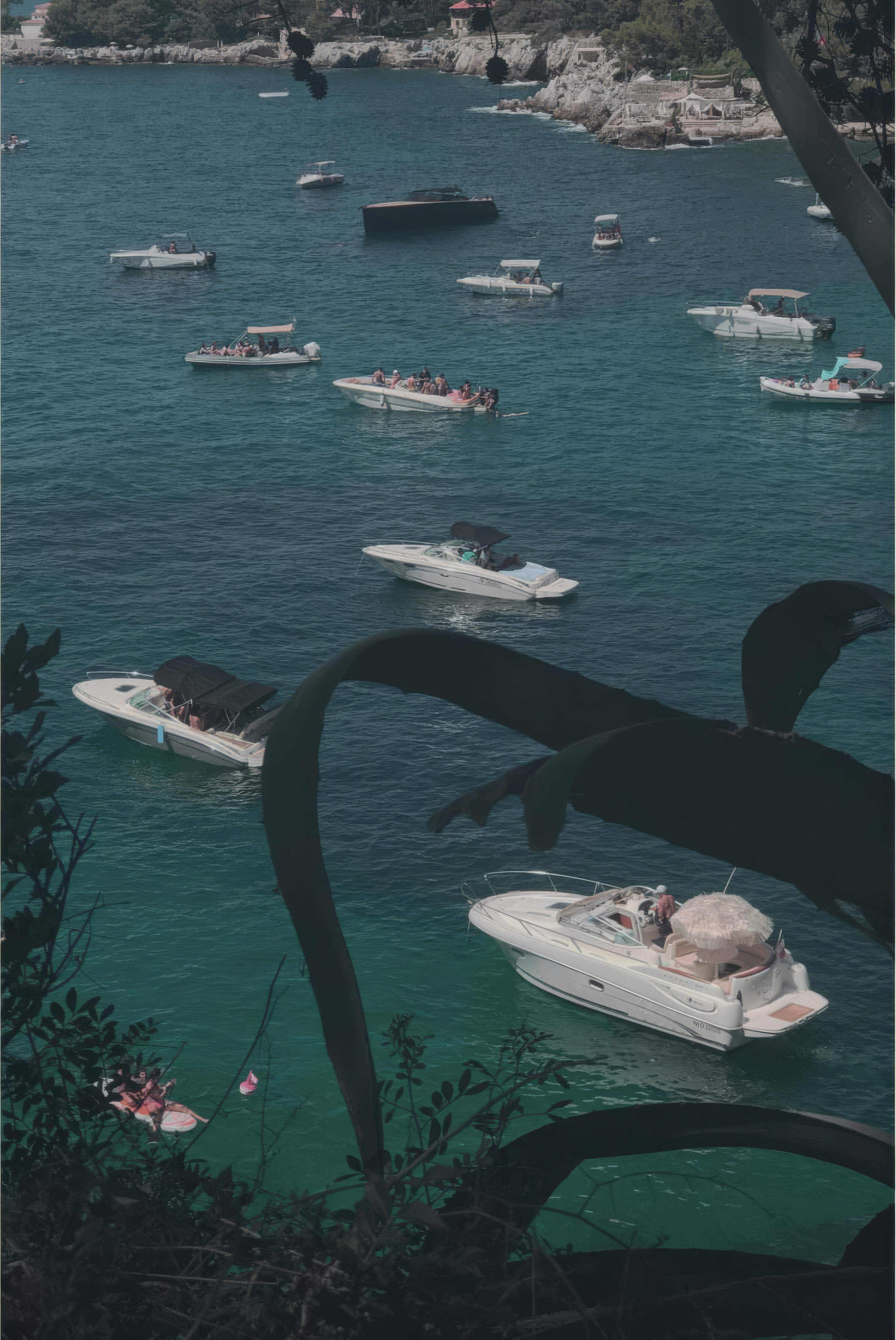 Phone wallpaper photo: an aerial view of boats scattered across a turquoise bay, framed by branches