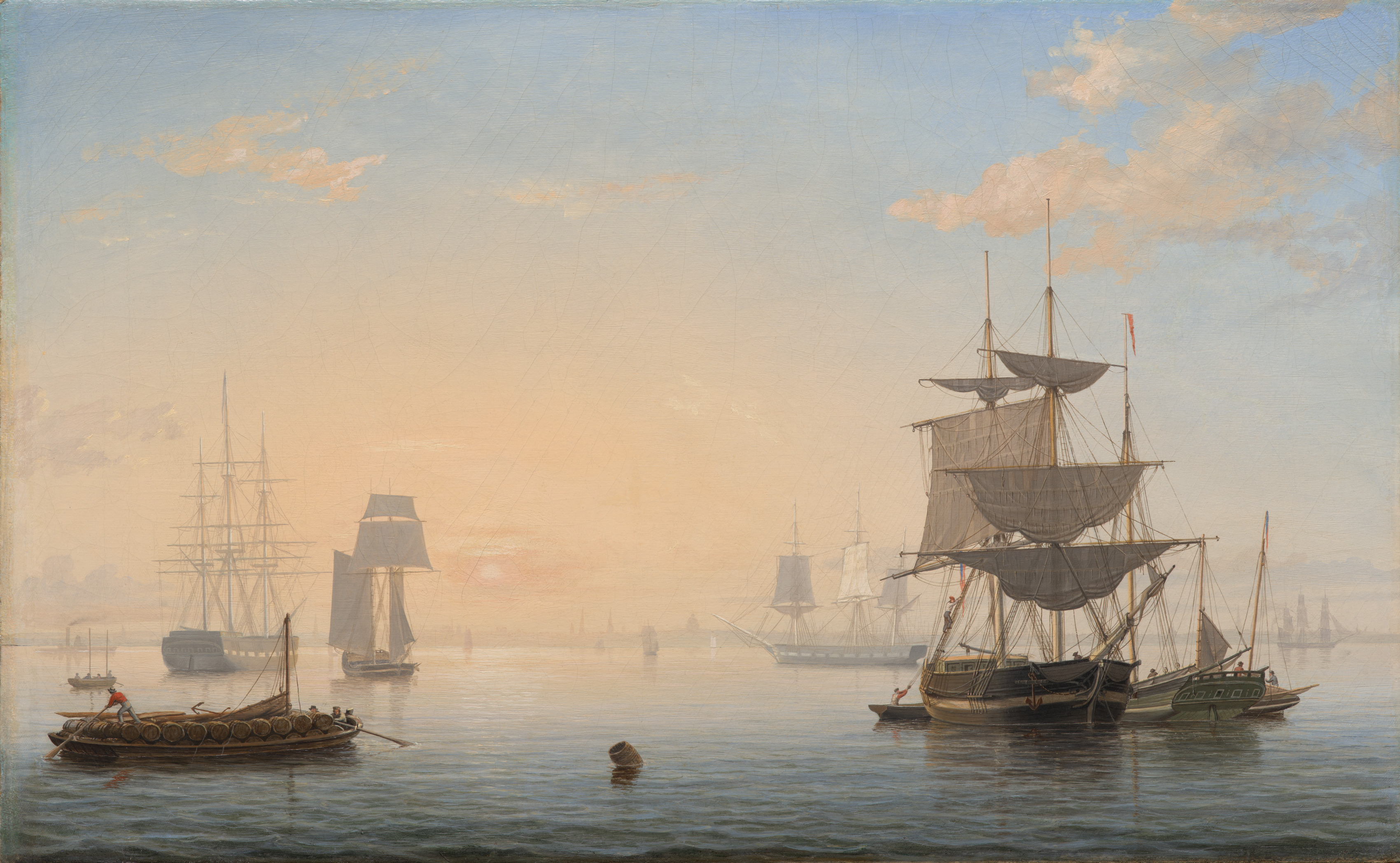 Bright seascape desktop wallpaper from a painting: Harbor of Boston, with the City in the Distance, Fitz Henry Lane, c. 1846–1847 — Cleveland Museum of Art