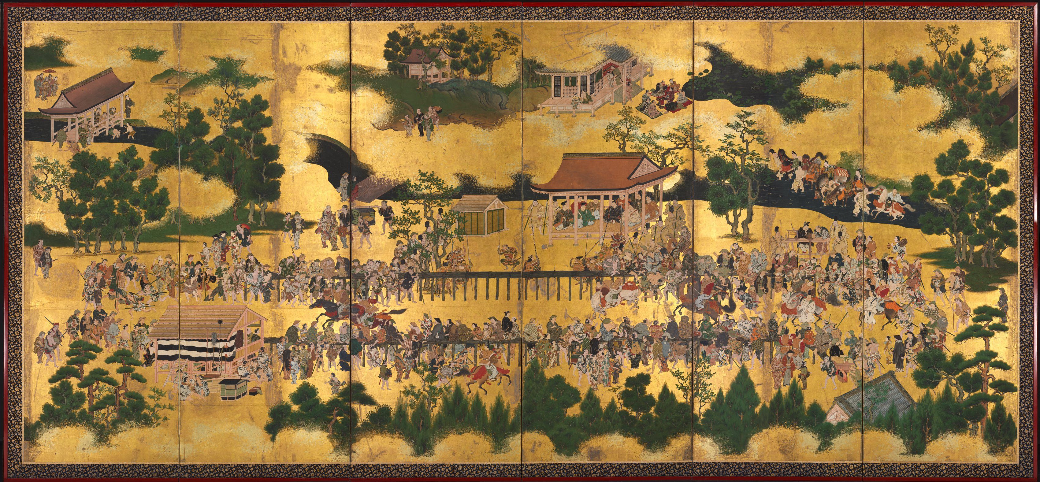 Architectural desktop wallpaper from a painting: Horse Race at the Kamo Shrine, Japan, early to mid-1600s — Cleveland Museum of Art