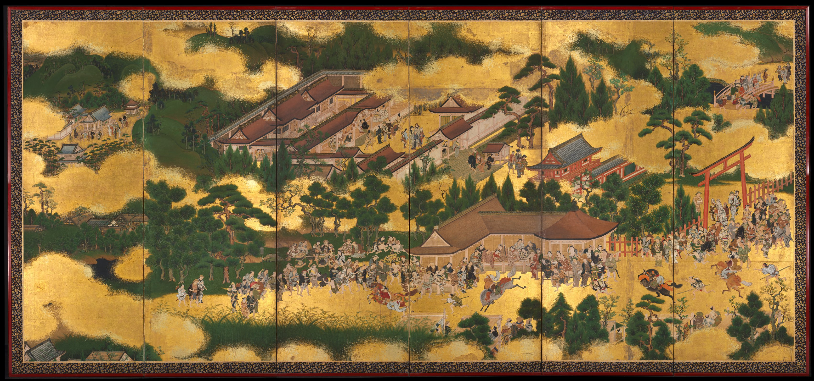 Architectural desktop wallpaper from a painting: Horse Race at the Kamo Shrine, Japan, early to mid-1600s — Cleveland Museum of Art