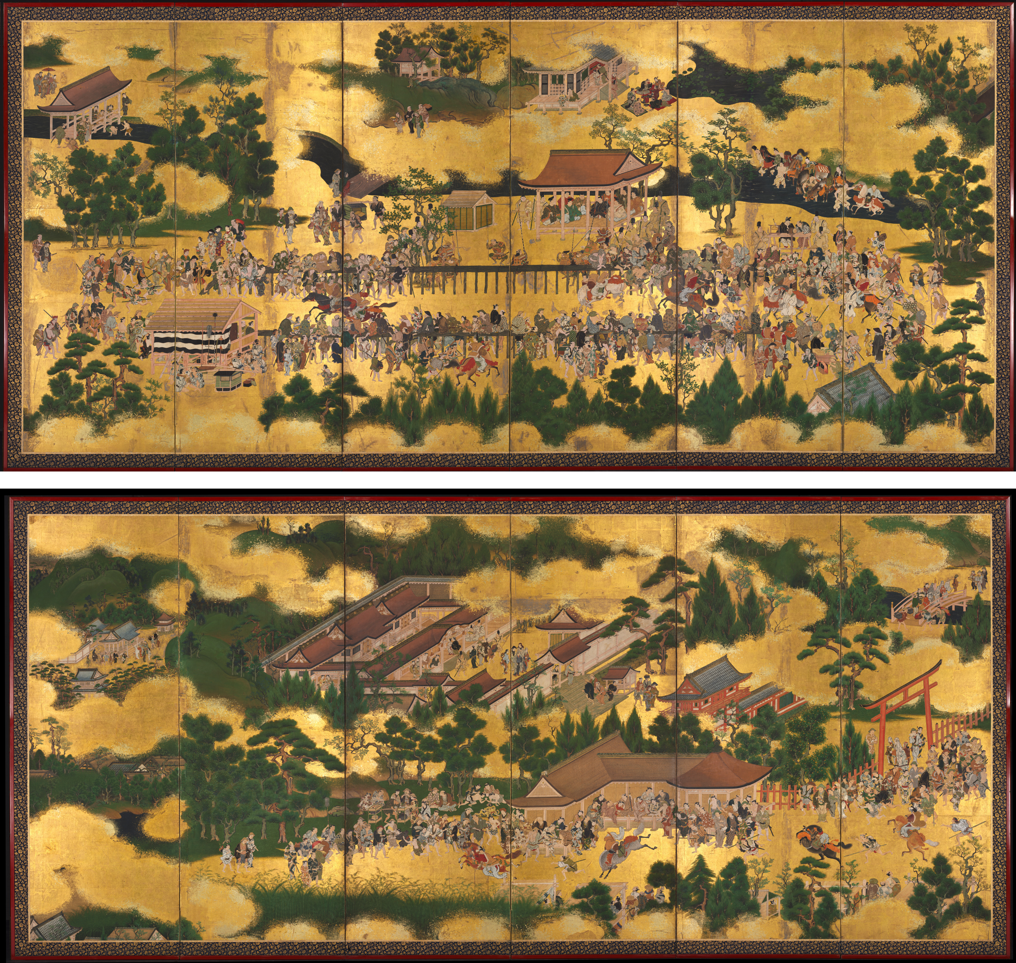 Architectural desktop wallpaper from a painting: Horse Race at the Kamo Shrine, Japan, early to mid-1600s — Cleveland Museum of Art