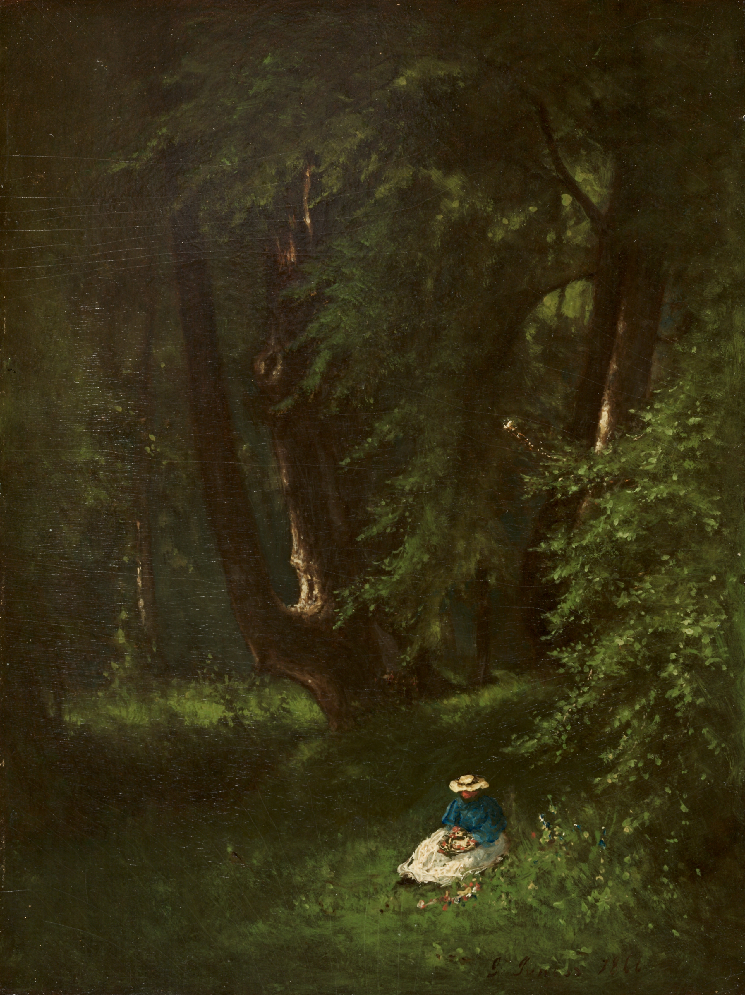 Dark forest landscape phone wallpaper from a painting: In the Woods, George Inness, 1866 — Cleveland Museum of Art