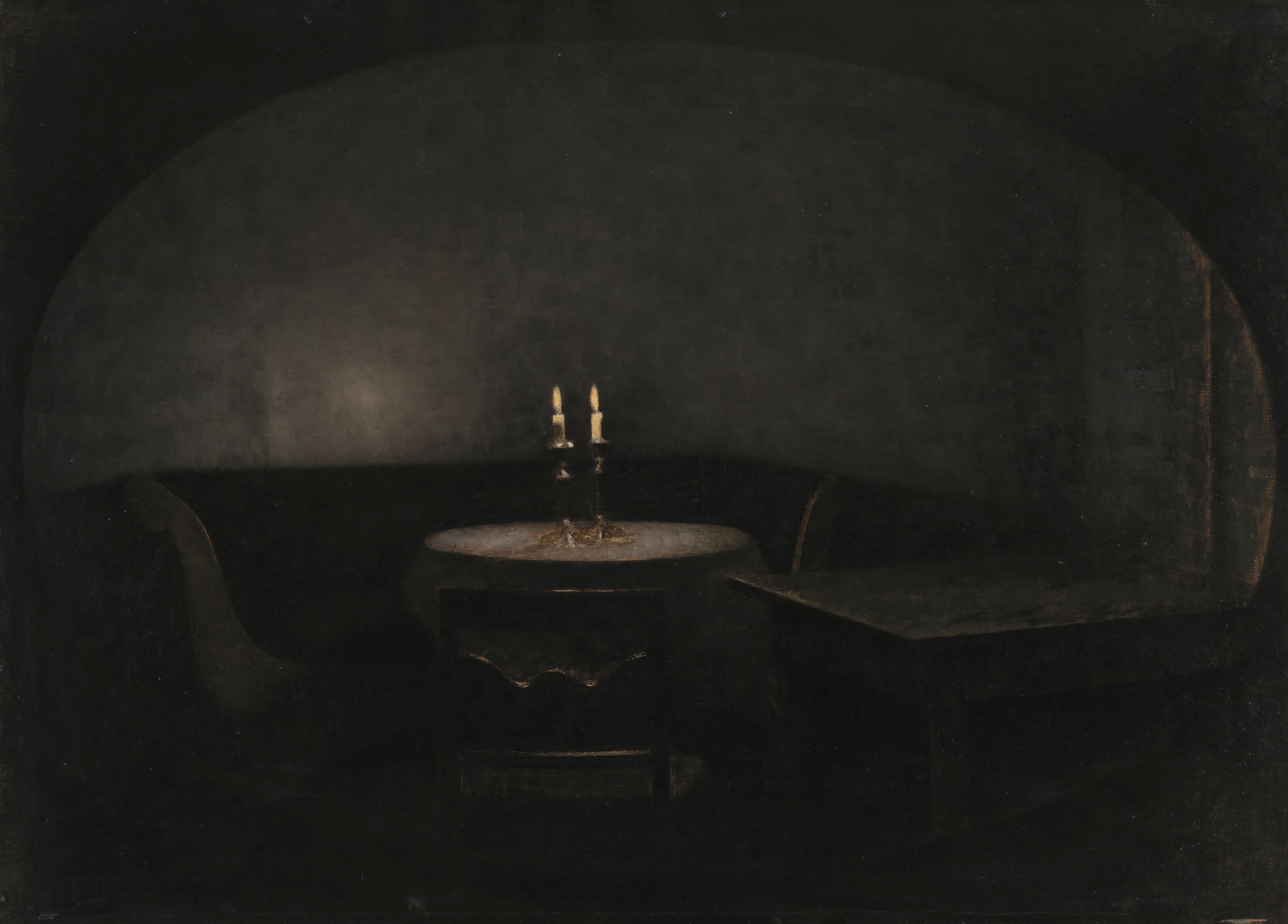 Dark interior desktop wallpaper from a painting: Interiør. Kunstigt lys, Vilhelm Hammershøi, 1909 — SMK, National Gallery of Denmark