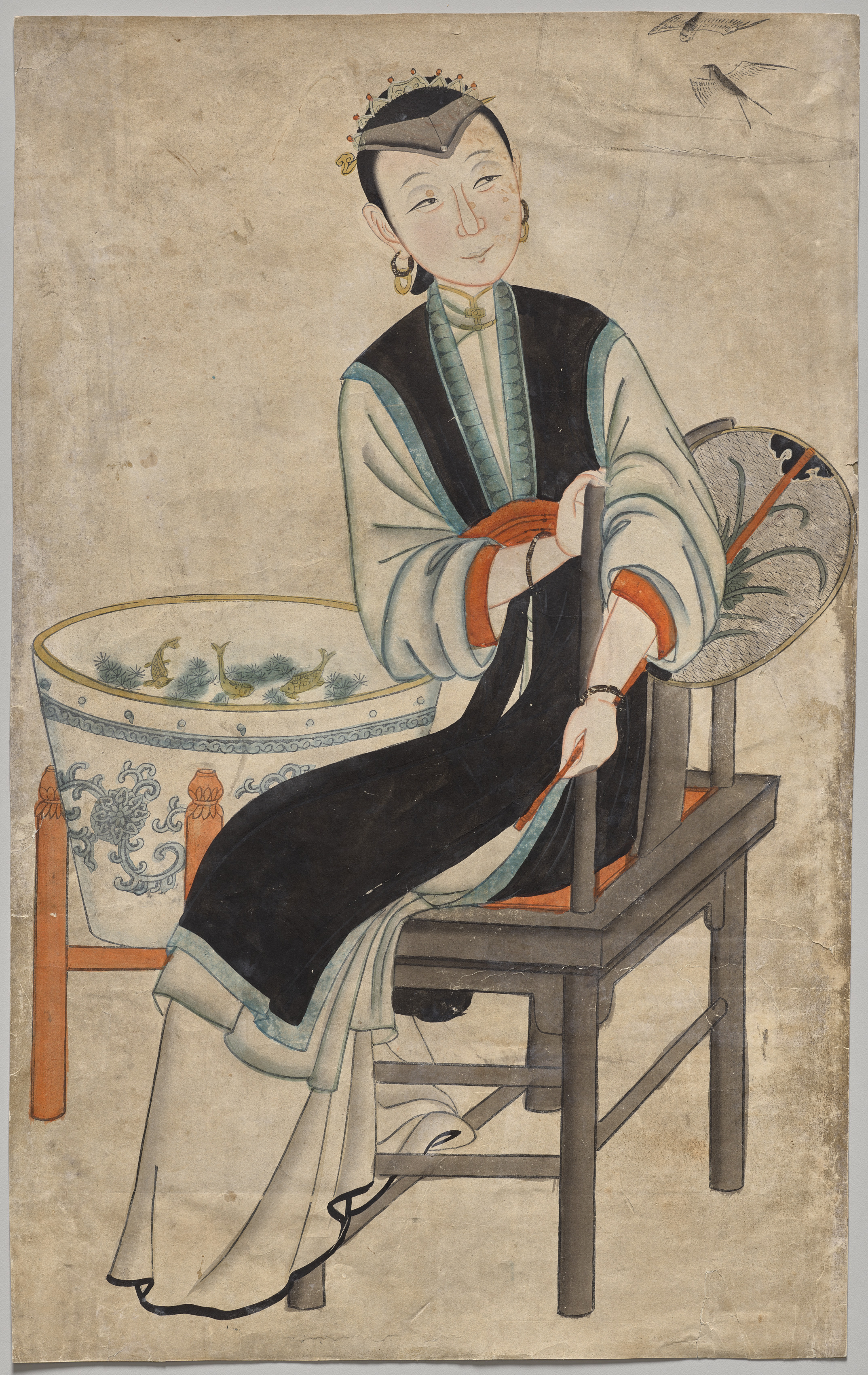 Chinese print phone wallpaper from a print: Lady watching a swallow, China, 1736–95 — Cleveland Museum of Art