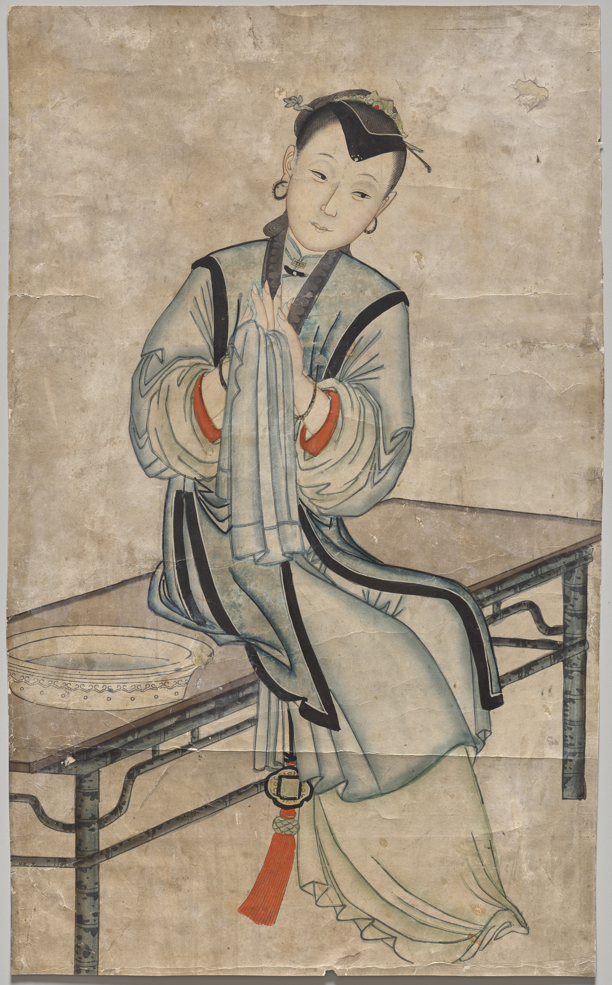Bright river landscape phone wallpaper from a print: Lady with water basin, China, 1736–95 — Cleveland Museum of Art