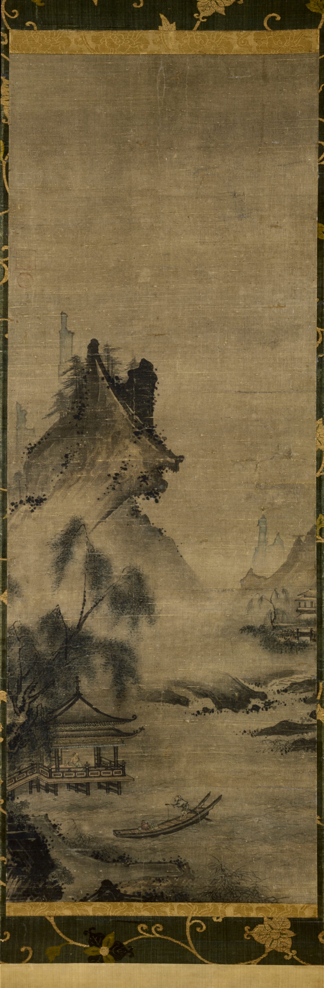 River landscape phone wallpaper from a painting: Lakeside Retreat, Japan, late 1400s–early 1500s — Cleveland Museum of Art