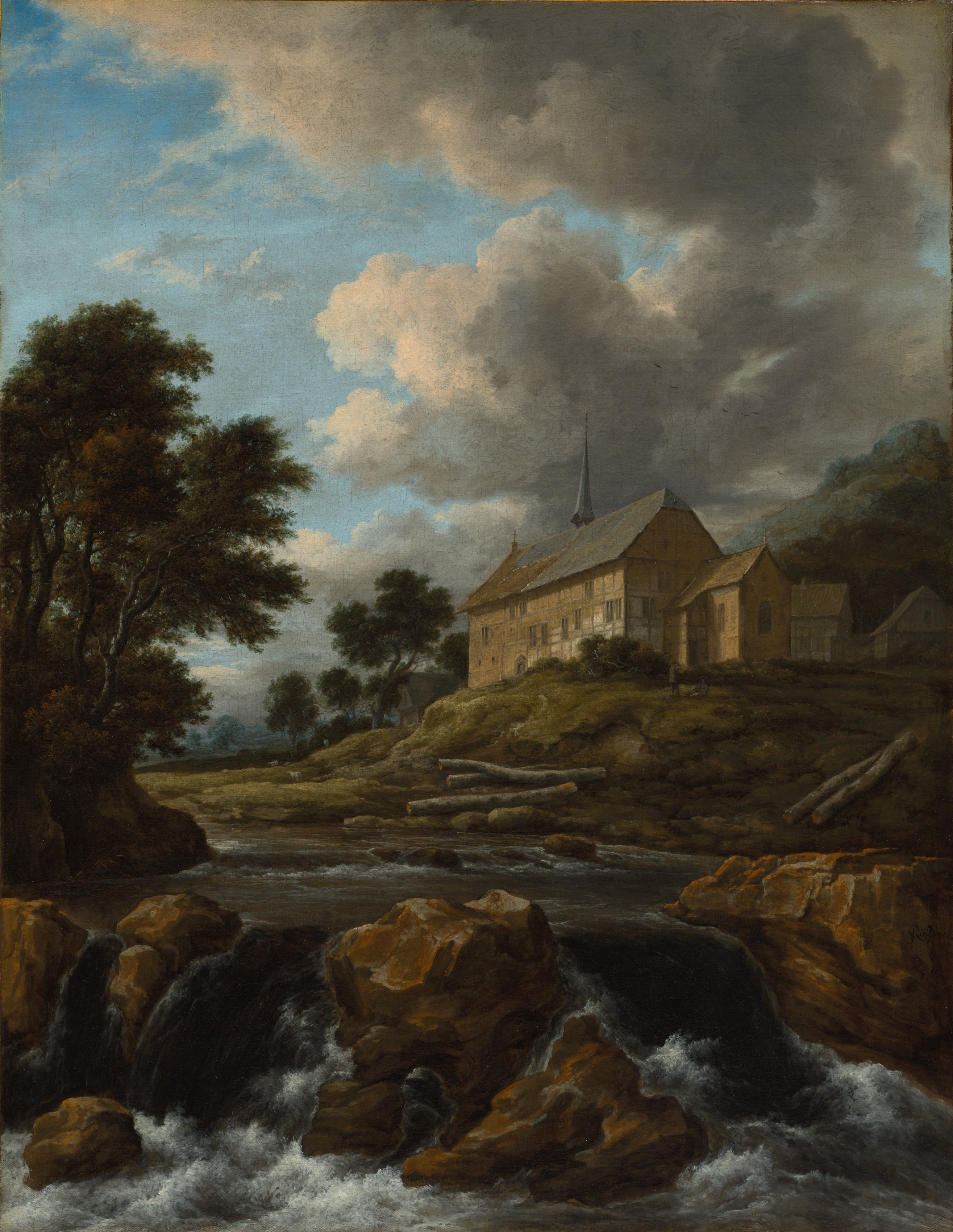 River landscape phone wallpaper from a painting: Landscape with a Church by a Torrent, Jacob van Ruisdael, c. 1670 — Cleveland Museum of Art