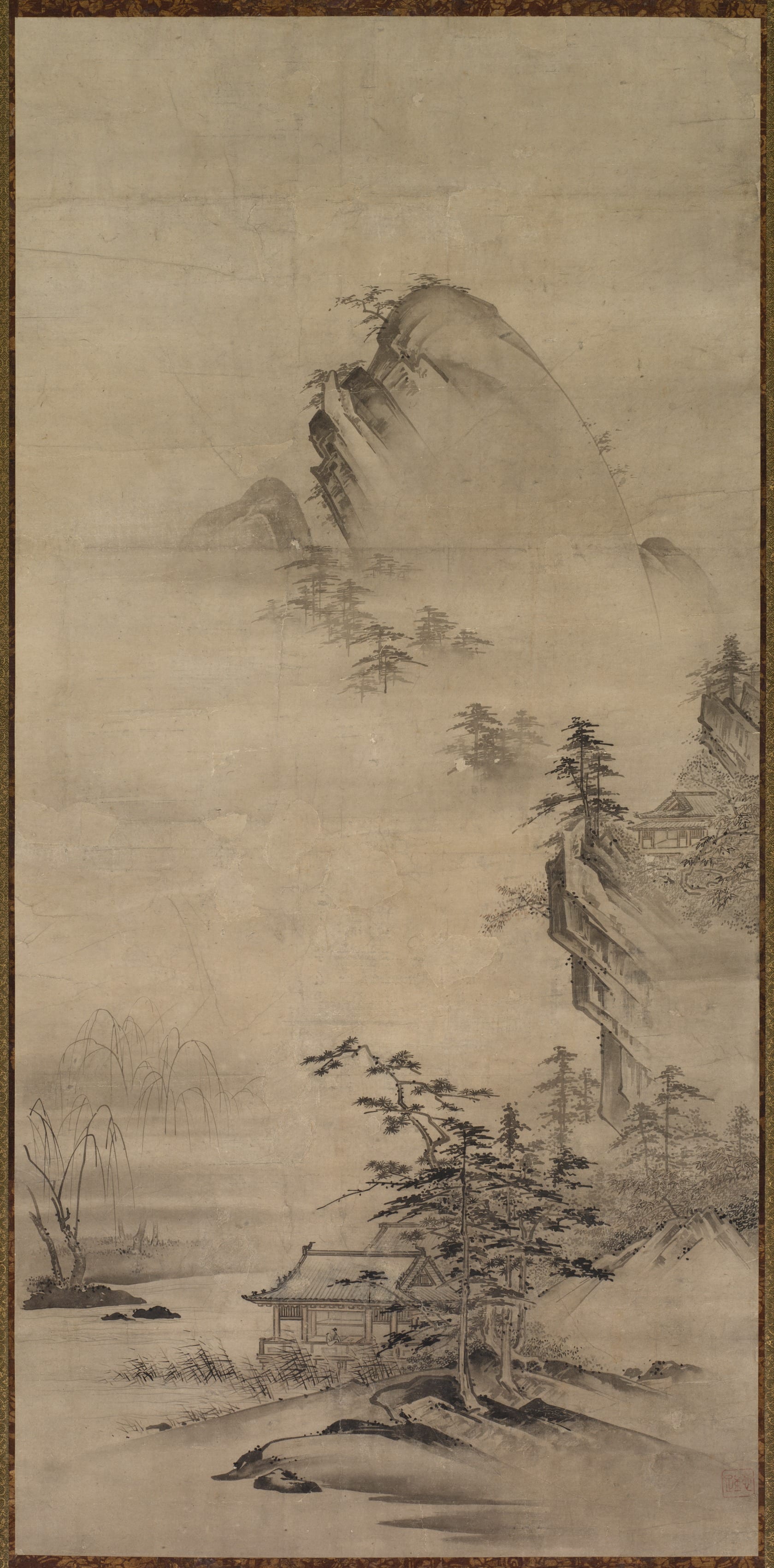 Landscape phone wallpaper from a painting: Landscape with a Pavilion, Japan, c. 1700–1868 — Cleveland Museum of Art