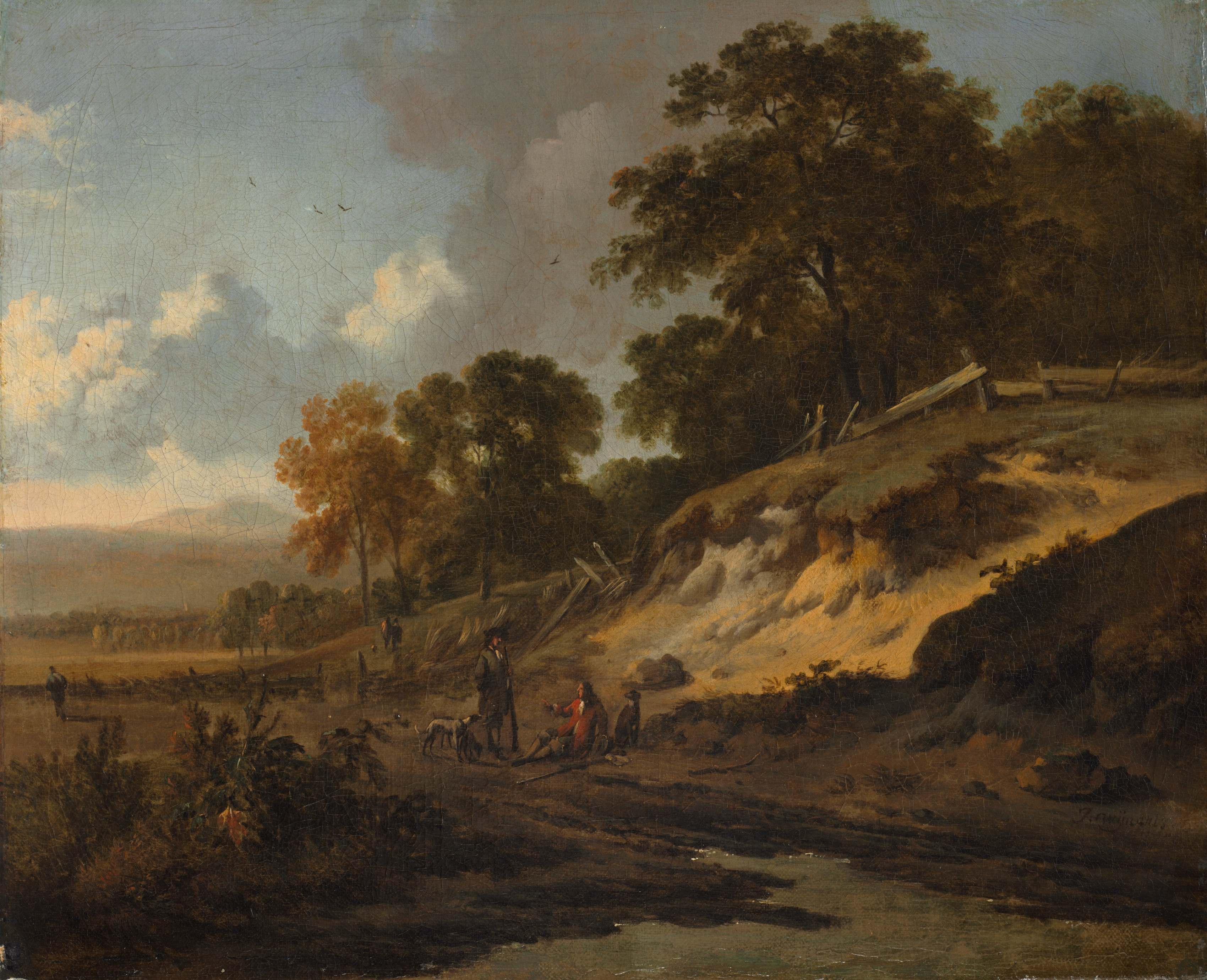 Landscape desktop wallpaper from a painting: Landscape with Hunters, Jan Wijnants, c. 1660–80 — Cleveland Museum of Art
