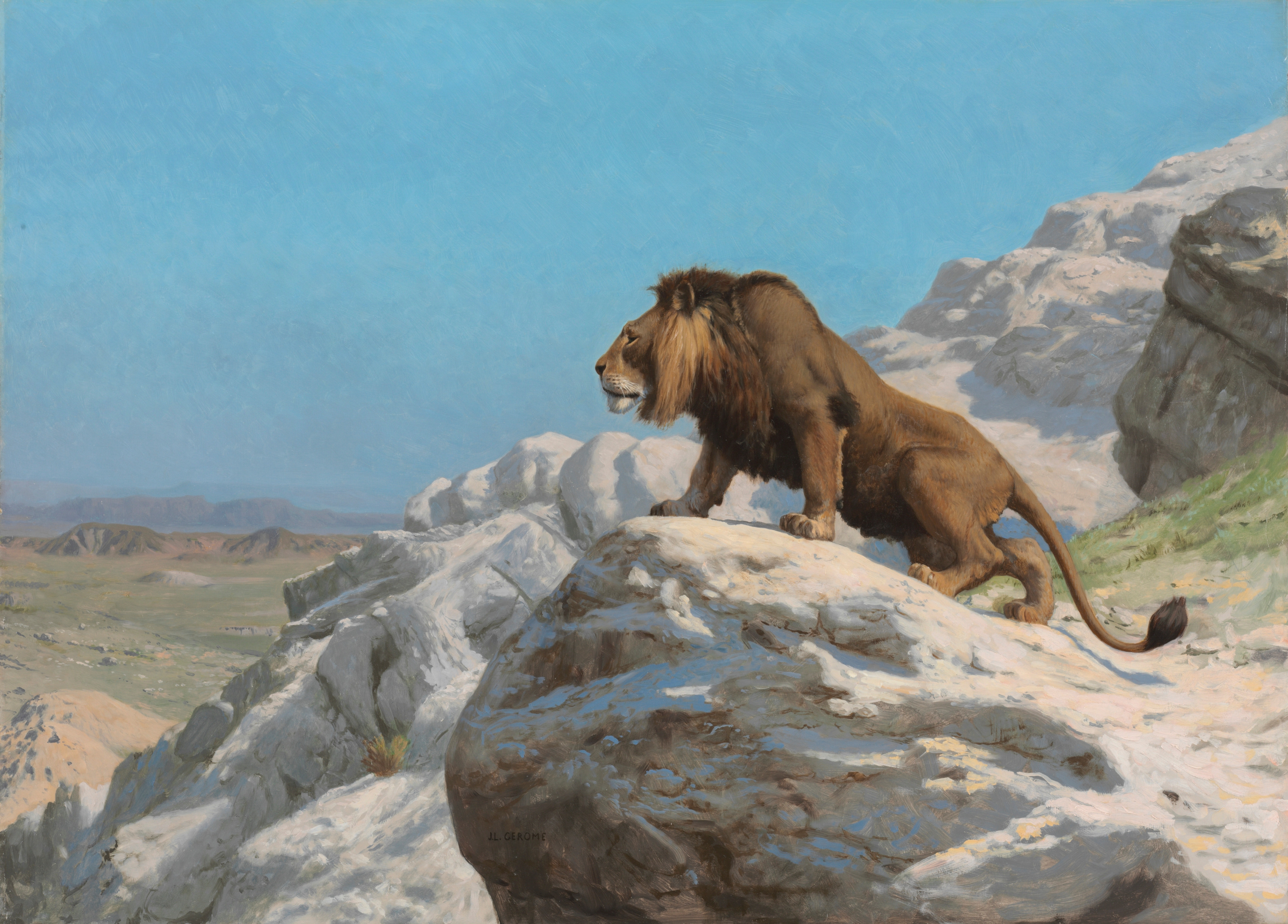 French painting desktop wallpaper from a painting: Lion on the Watch, Jean-Léon Gérôme, c. 1885 — Cleveland Museum of Art