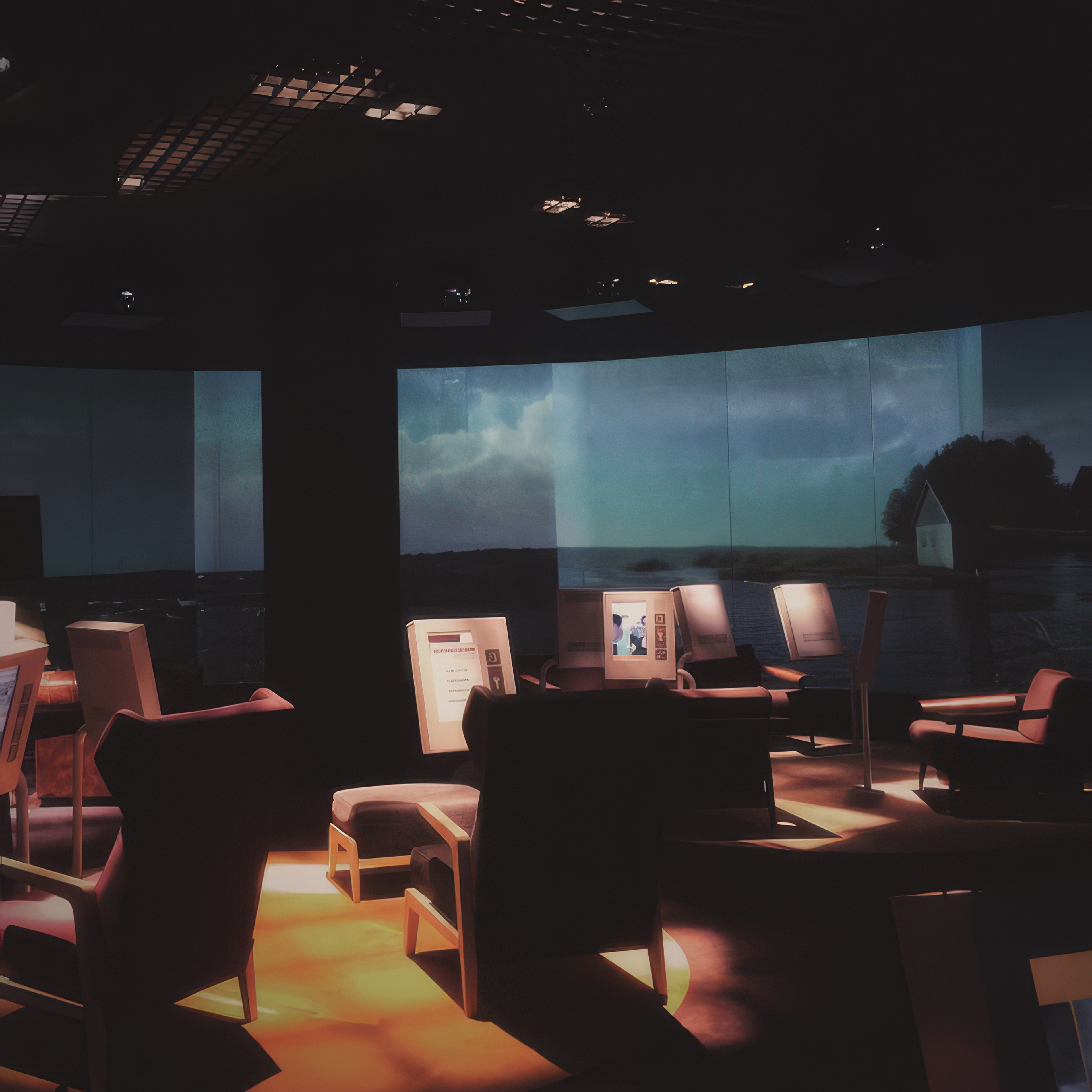 Phone wallpaper photo: a dim lounge interior with rows of armchairs lit in warm amber light