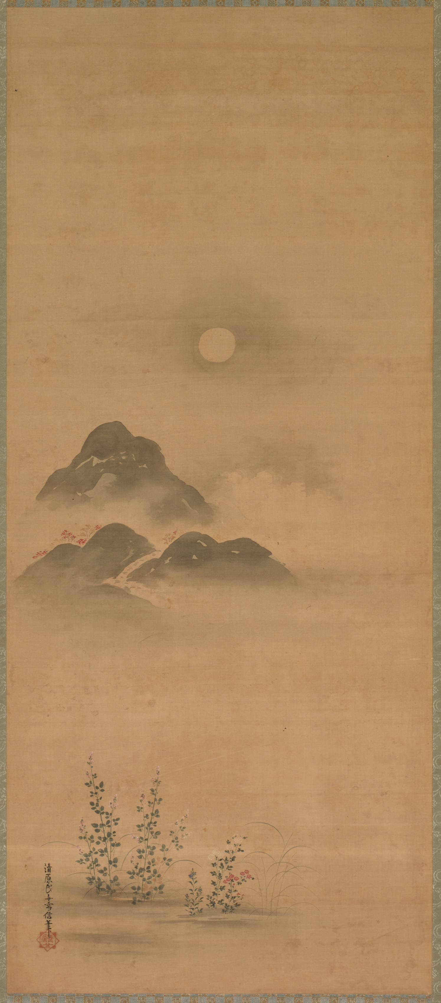 Japanese painting phone wallpaper from a painting: Minamoto no Nakakuni Visits Lady Kogō, Kiyohara Yukinobu, late 1600s — Cleveland Museum of Art