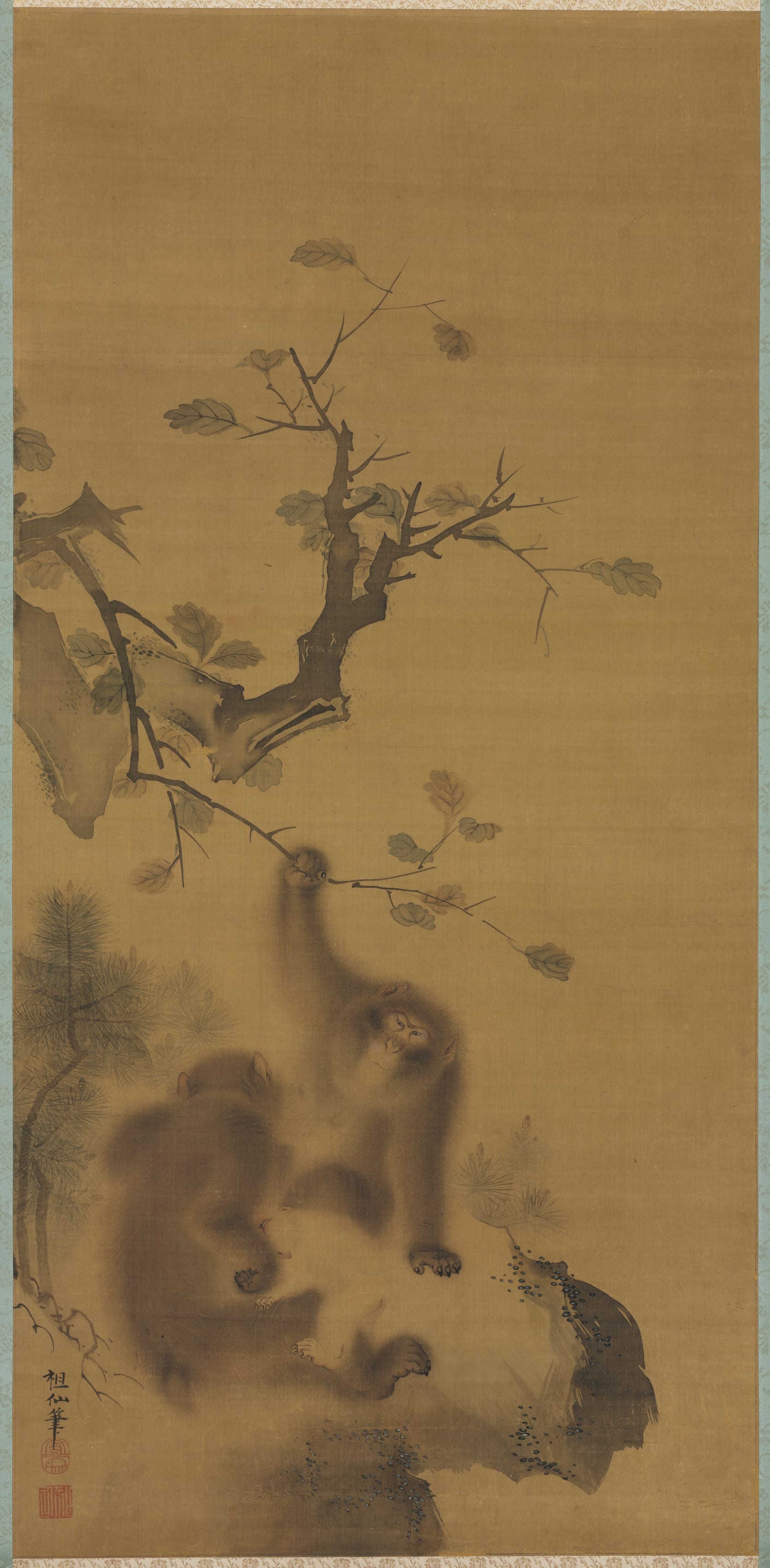 Landscape phone wallpaper from a painting: Monkeys on a Rock Ledge, Mori Sosen, c. 1800–1821 — Cleveland Museum of Art