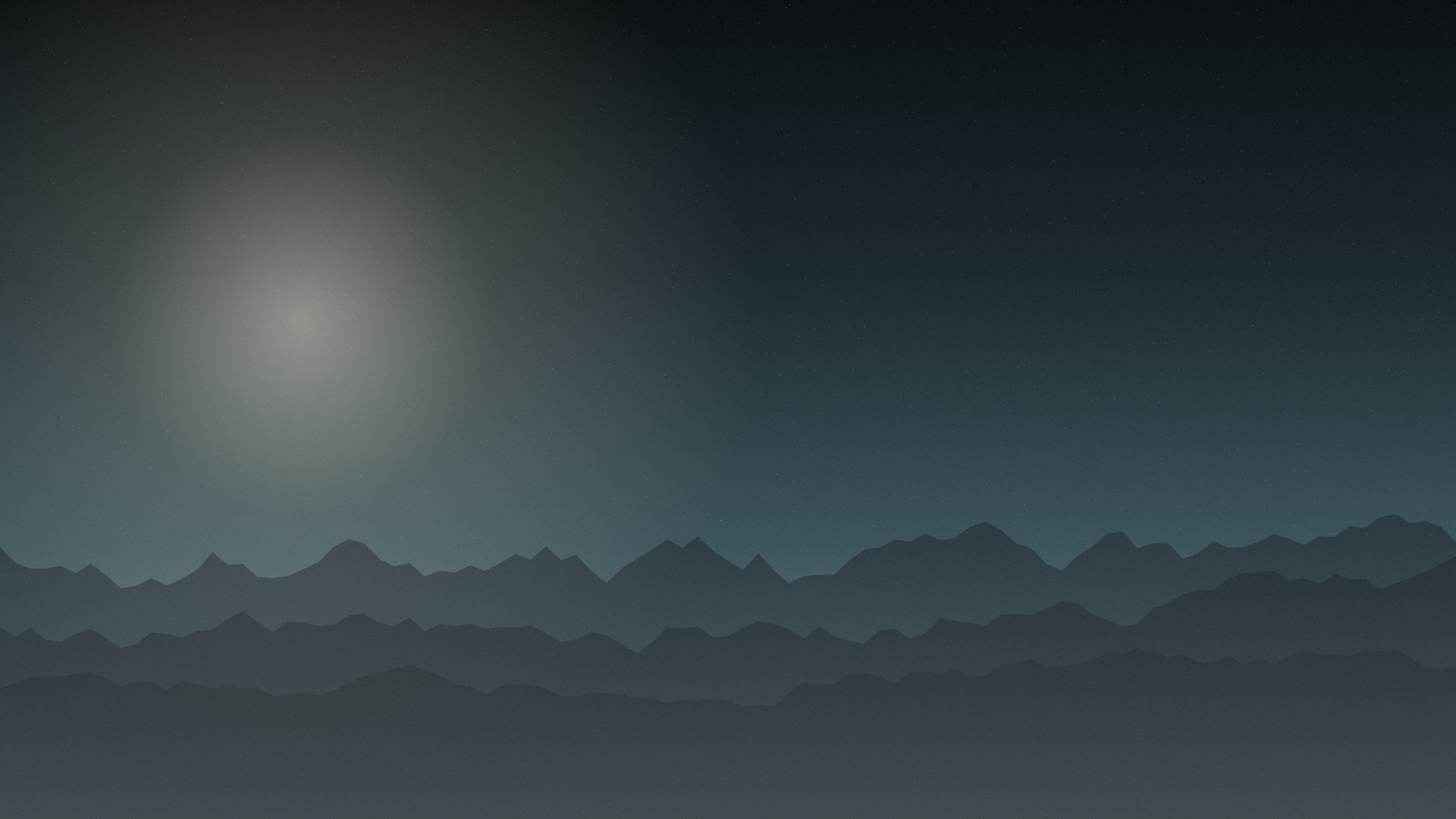 Deep teal gradient desktop wallpaper: cold ridgelines barely lit, almost black at the top edge