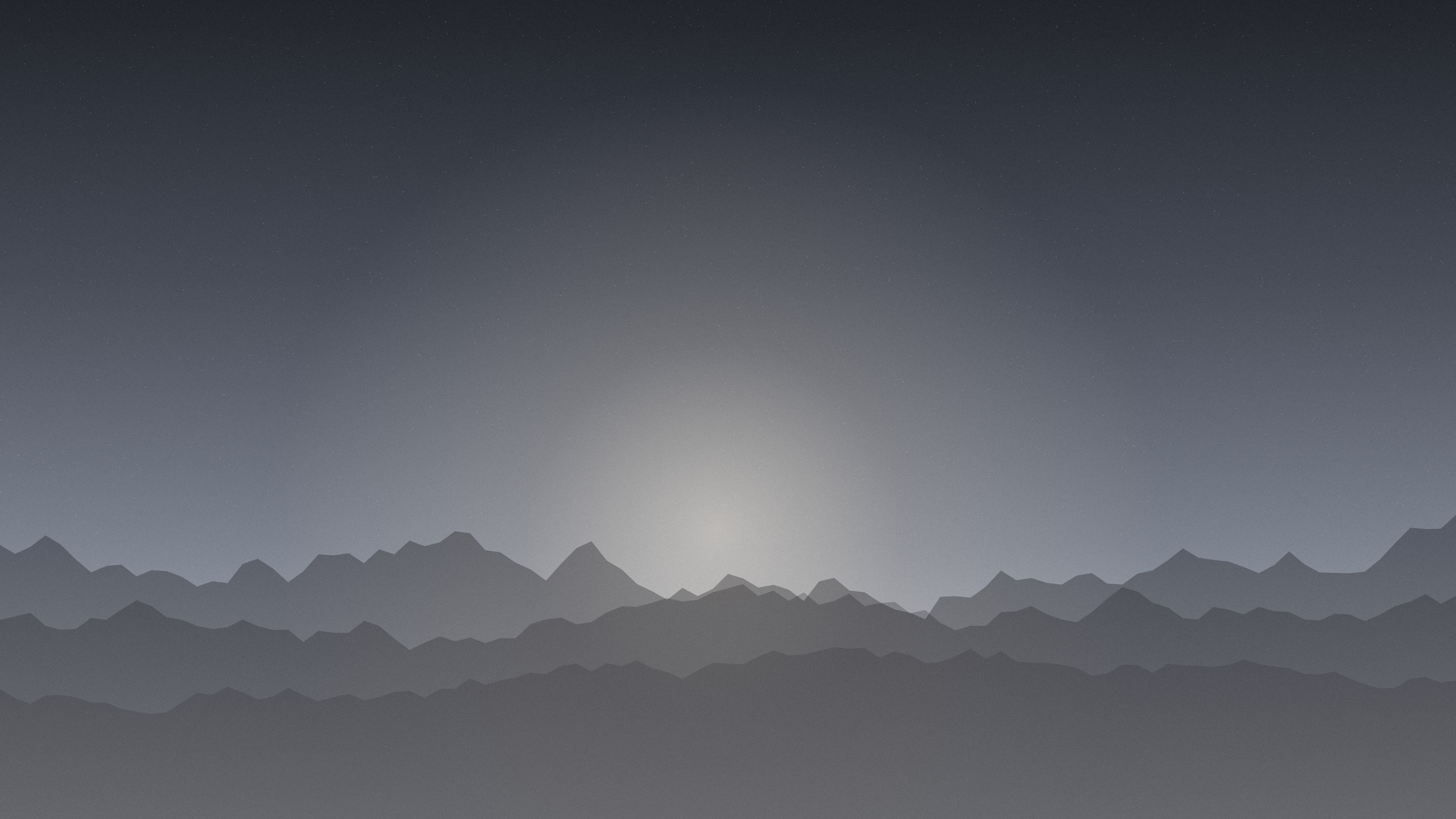 Cool grey gradient desktop wallpaper: pale slate ridgelines under an even light, silver at the base
