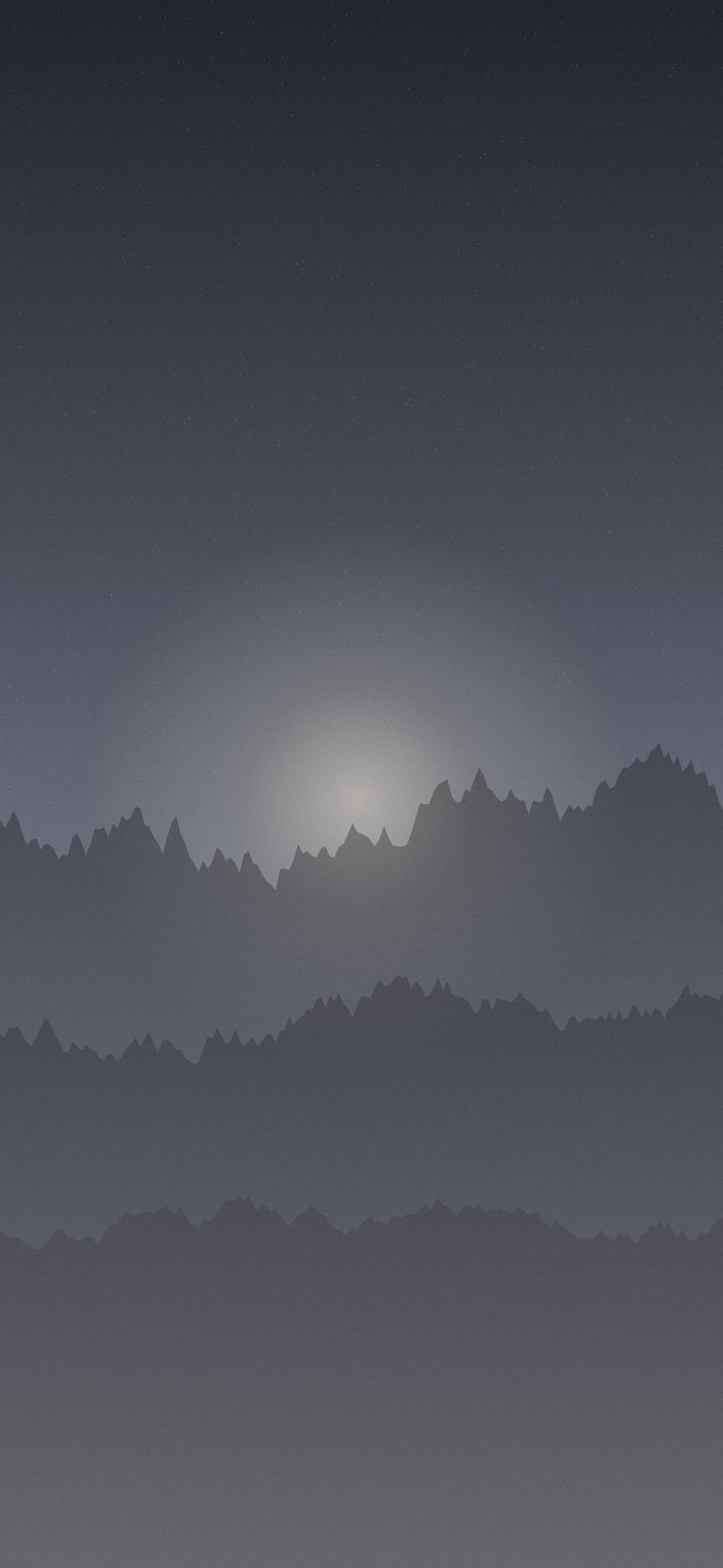 Cool grey gradient phone wallpaper: pale slate ridgelines under an even light, silver at the base
