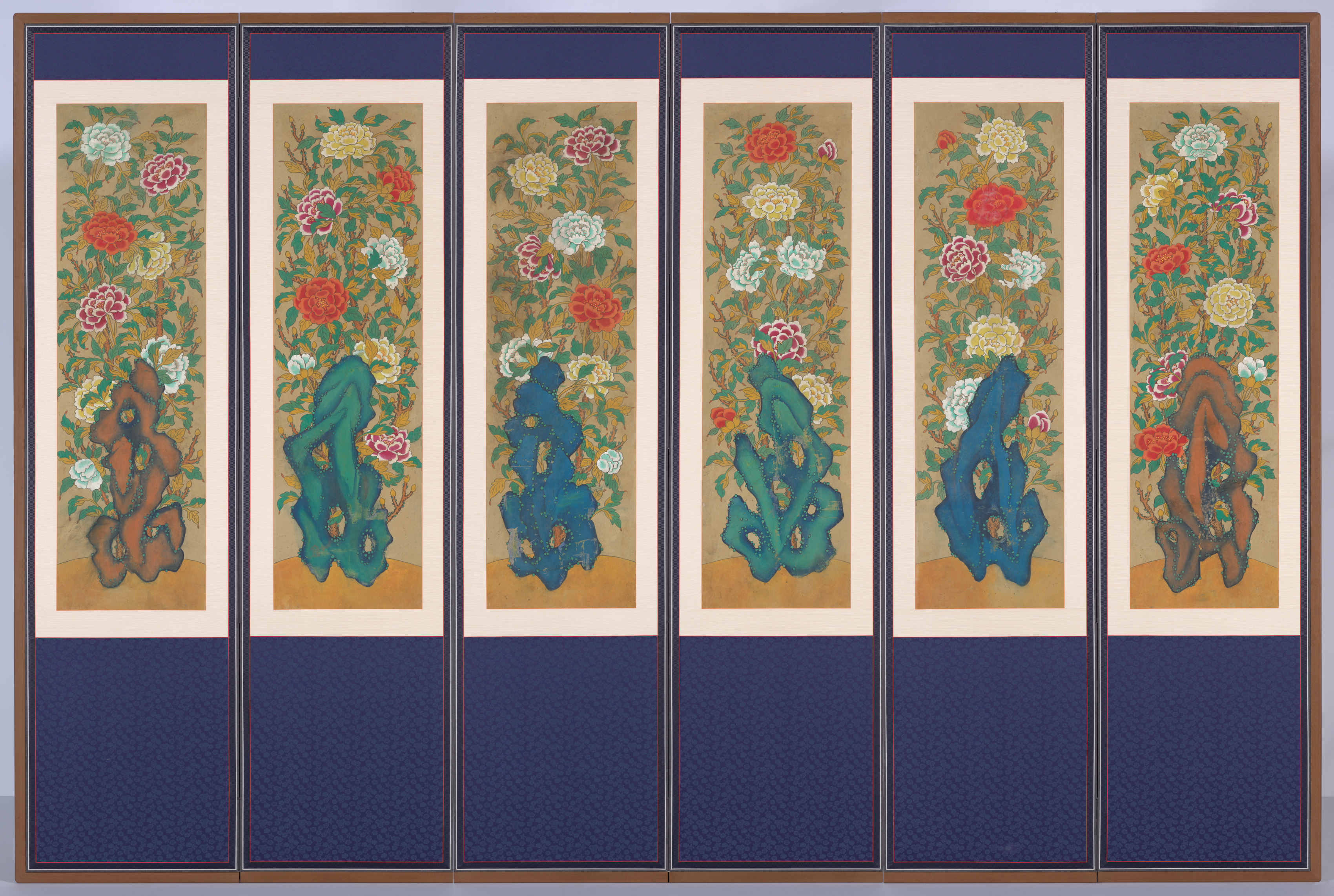 Landscape desktop wallpaper from a painting: Peonies and Rocks, Korea, early 1900s — Cleveland Museum of Art