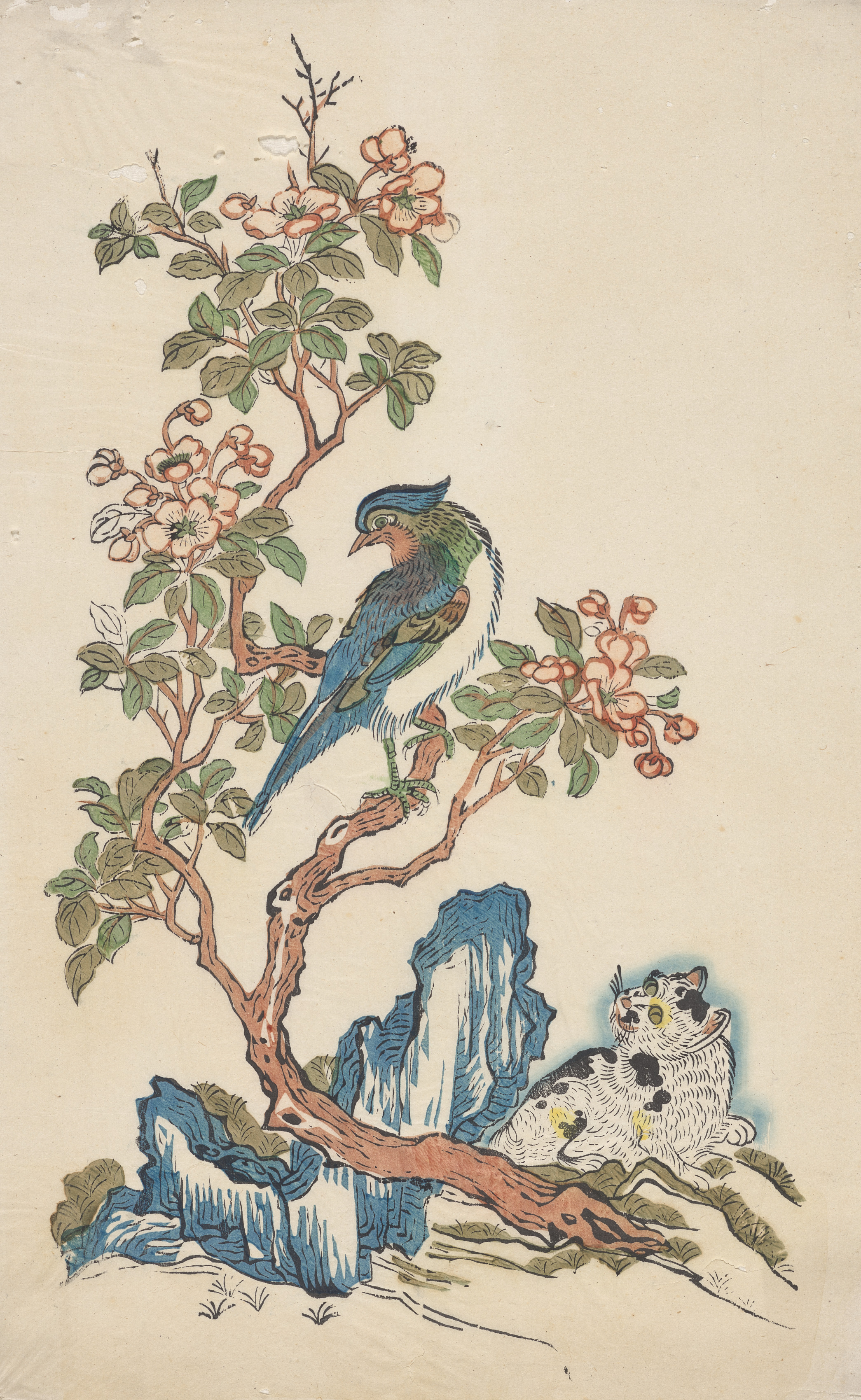 Bright bird phone wallpaper from a print: Picture of a Cat, a Bird, and a Crabapple, Southeast China, 1662–1735 — Cleveland Museum of Art