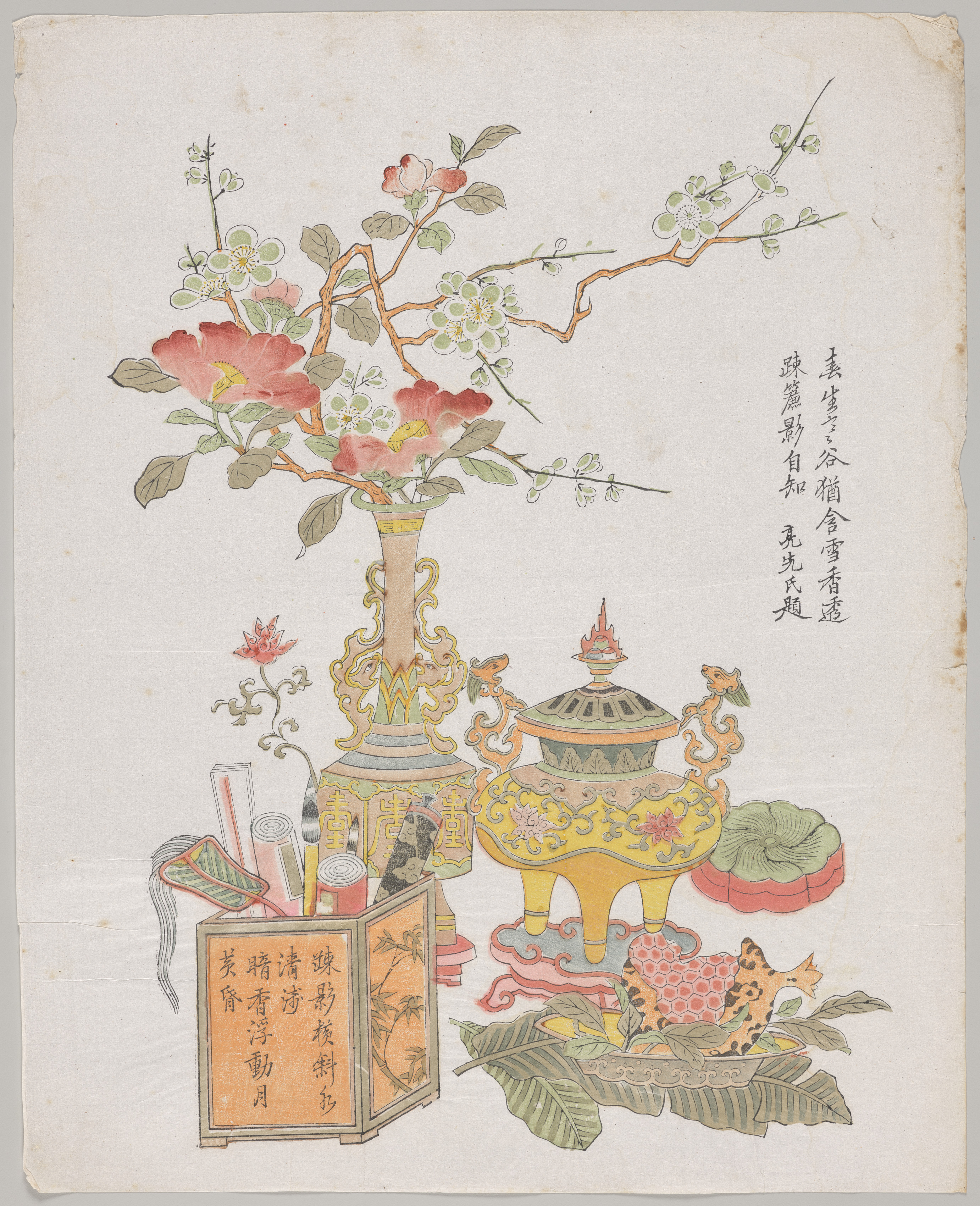 Bright floral phone wallpaper from a print: Plum and Camellia in a Bronze Vase, Southeast China, 1700–1750 — Cleveland Museum of Art