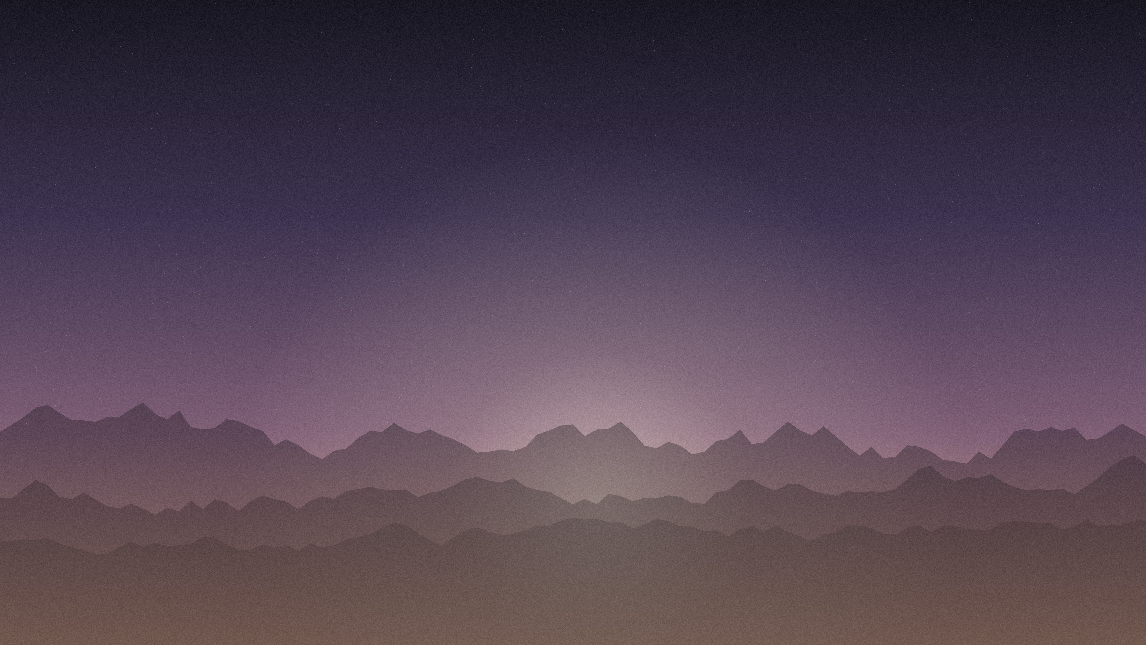 Plum and peach gradient desktop wallpaper: sunrise glow low behind ridgelines, plum sky above