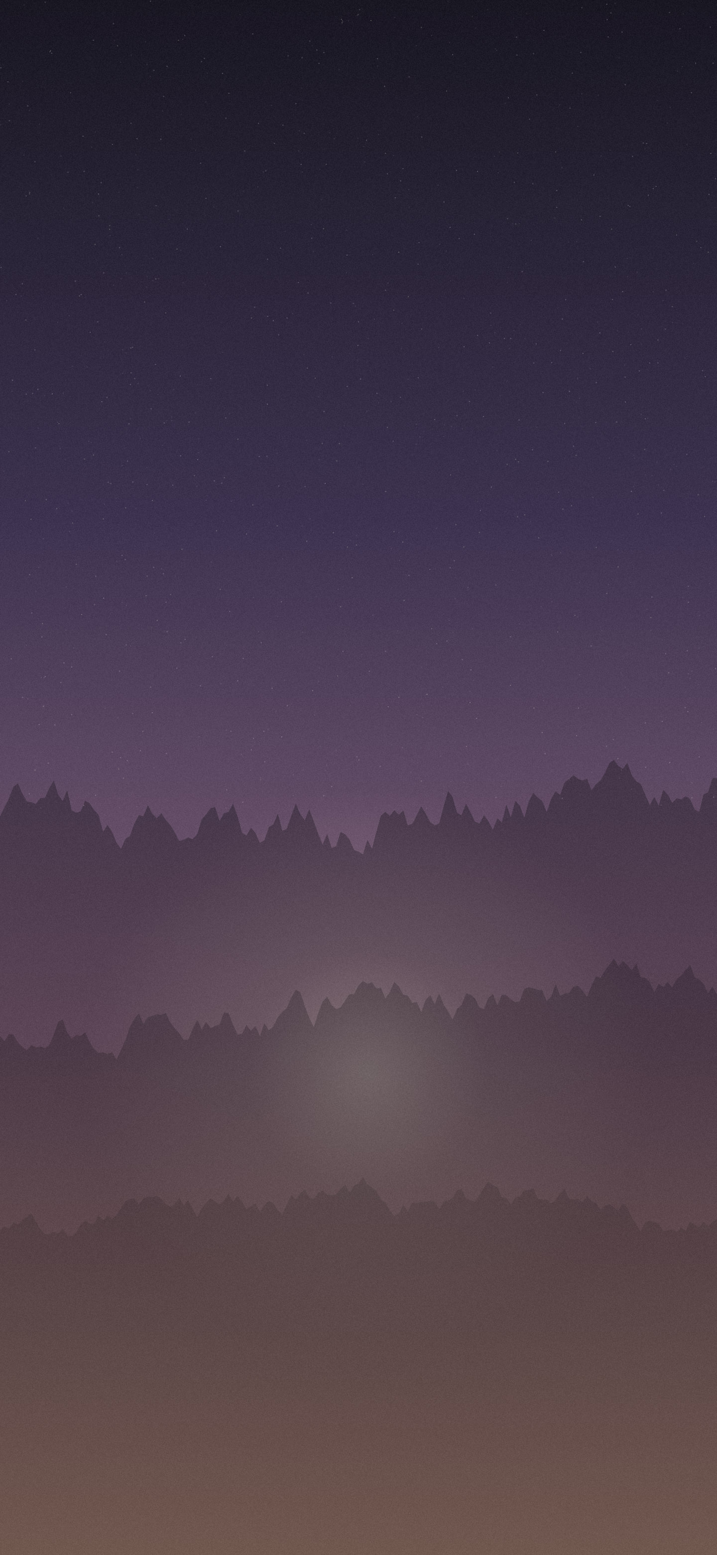 Plum and peach gradient phone wallpaper: sunrise glow low behind ridgelines, plum sky above