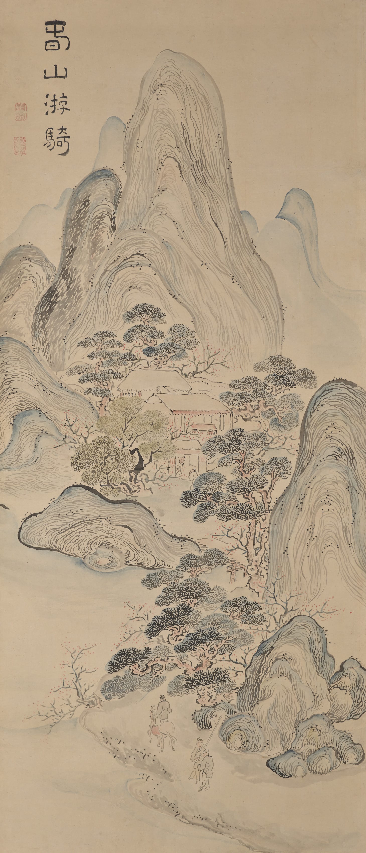 Bright mountain landscape phone wallpaper from a painting: Riding in Springtime Mountains, Ike Taiga, 1700s — Cleveland Museum of Art