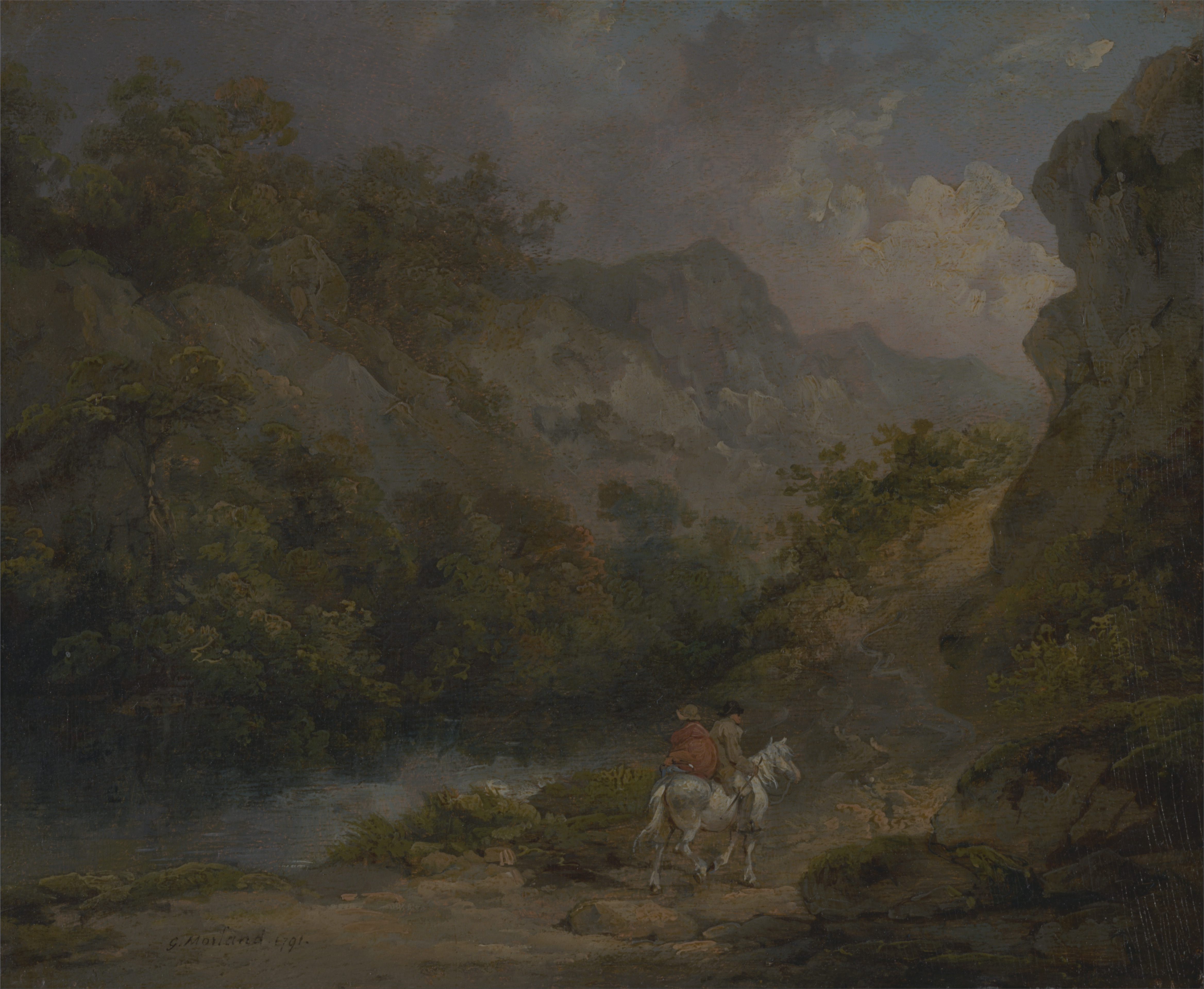 Rocky Landscape with Two Men on a Horse, the whole painting, desktop background