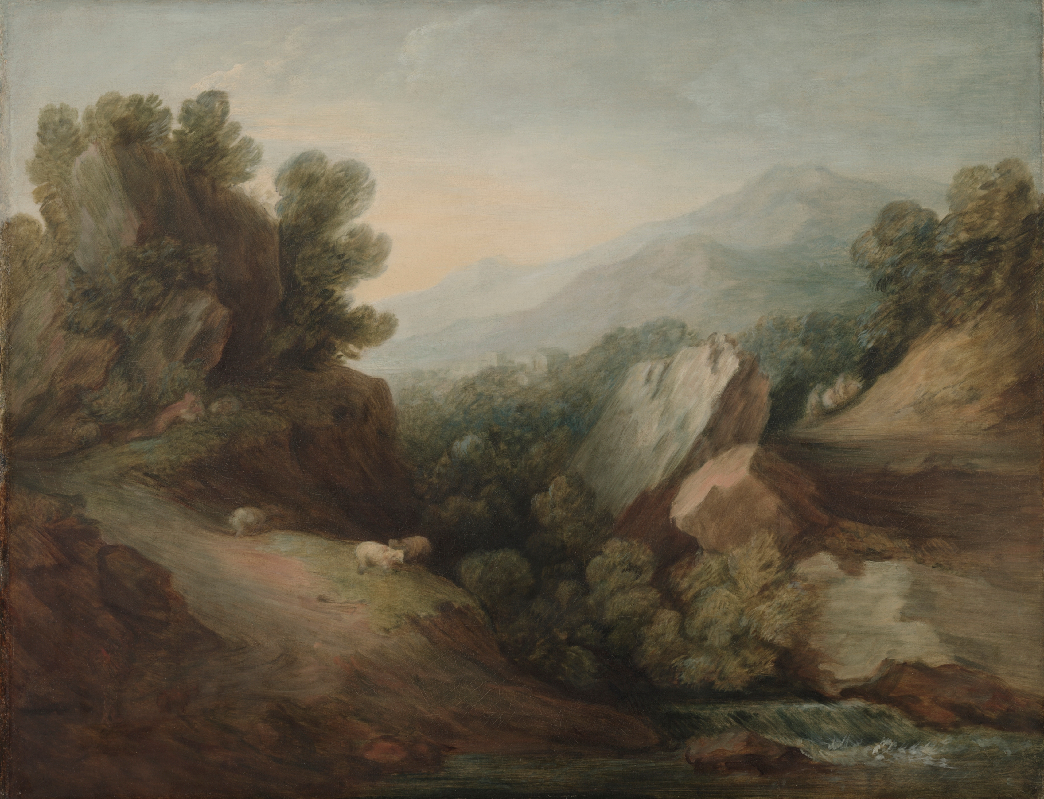 Forest landscape desktop wallpaper from a painting: Rocky, Wooded Landscape with a Dell and Weir, Thomas Gainsborough, c. 1782–1783 — Cleveland Museum of Art