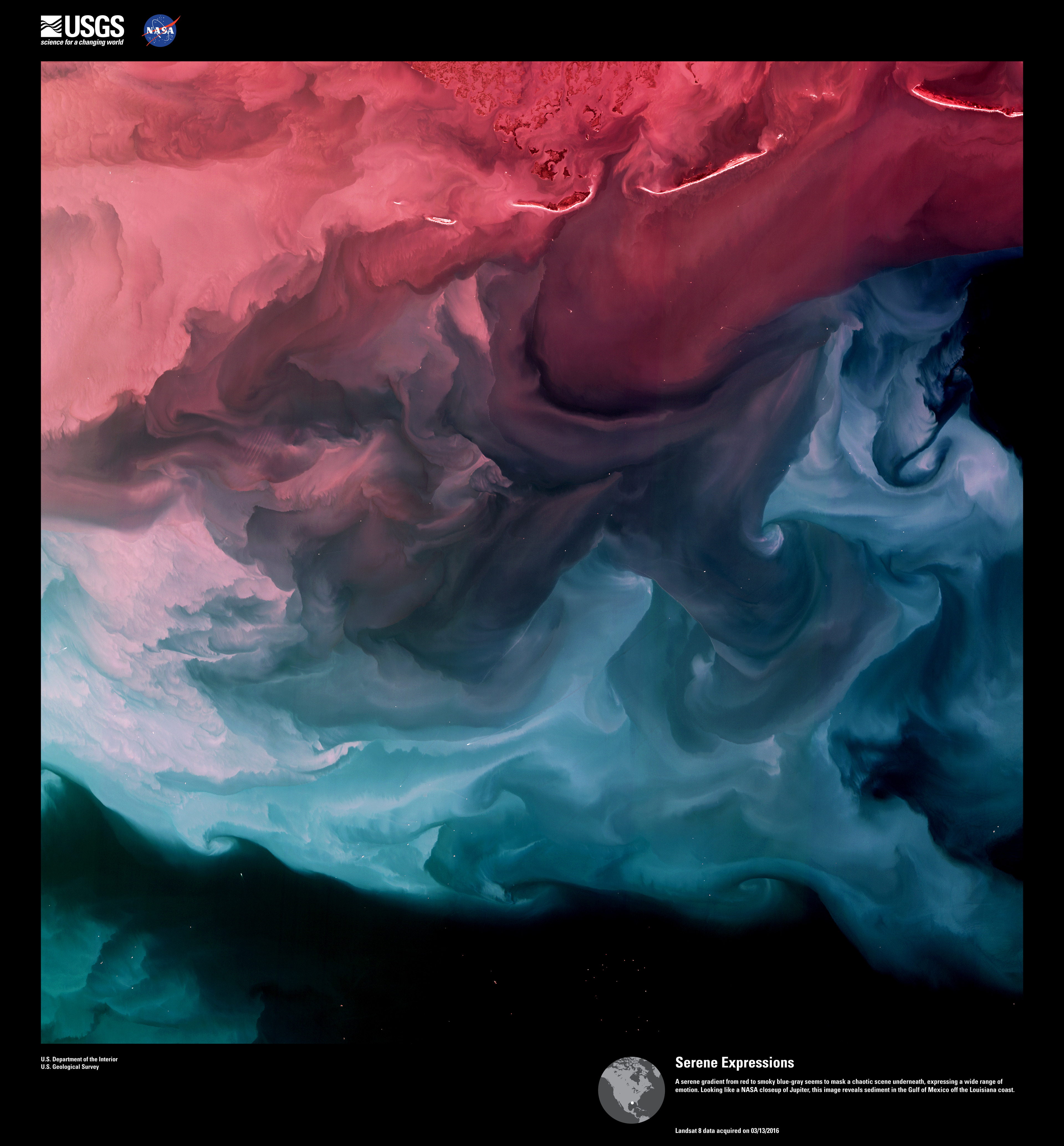Satellite desktop wallpaper: Serene Expressions, a false-colour Landsat image — USGS Earth as Art
