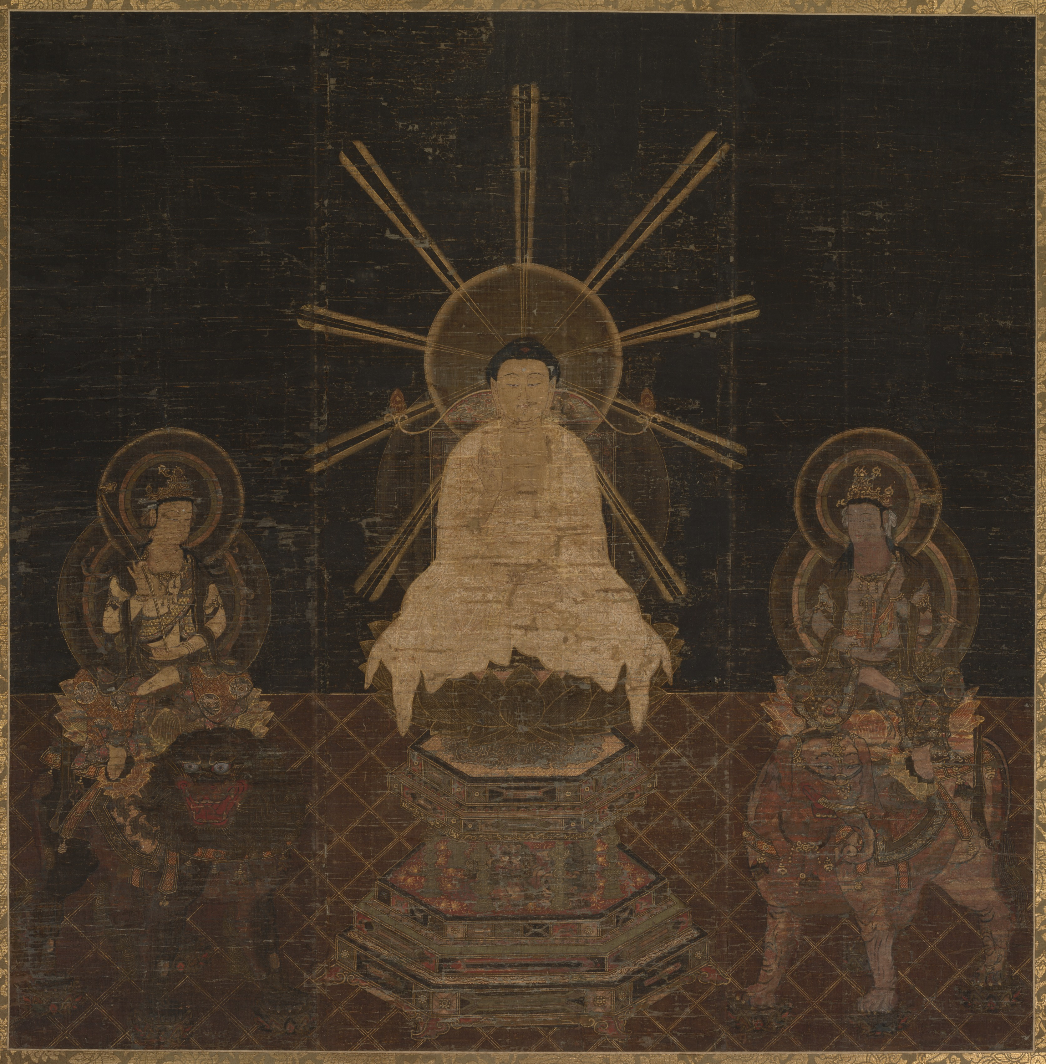 Japanese painting desktop wallpaper from a painting: Shakyamuni Triad, Japan, c. 1200–1333 — Cleveland Museum of Art
