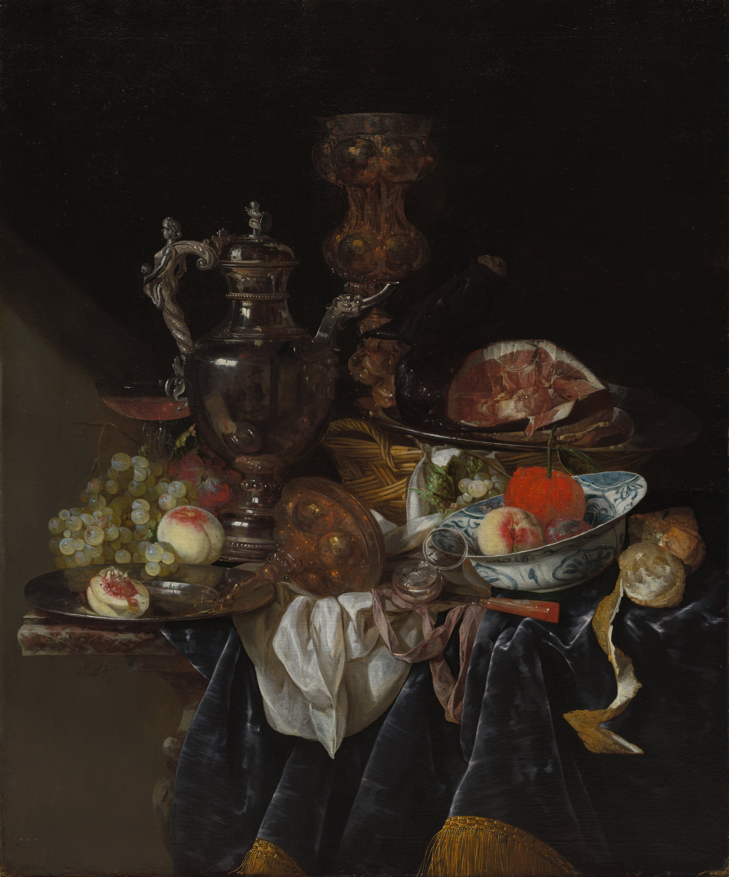 Dark still life phone wallpaper from a painting: Silver Wine Jug, Ham, and Fruit, Abraham van Beyeren, c. 1660–66 — Cleveland Museum of Art