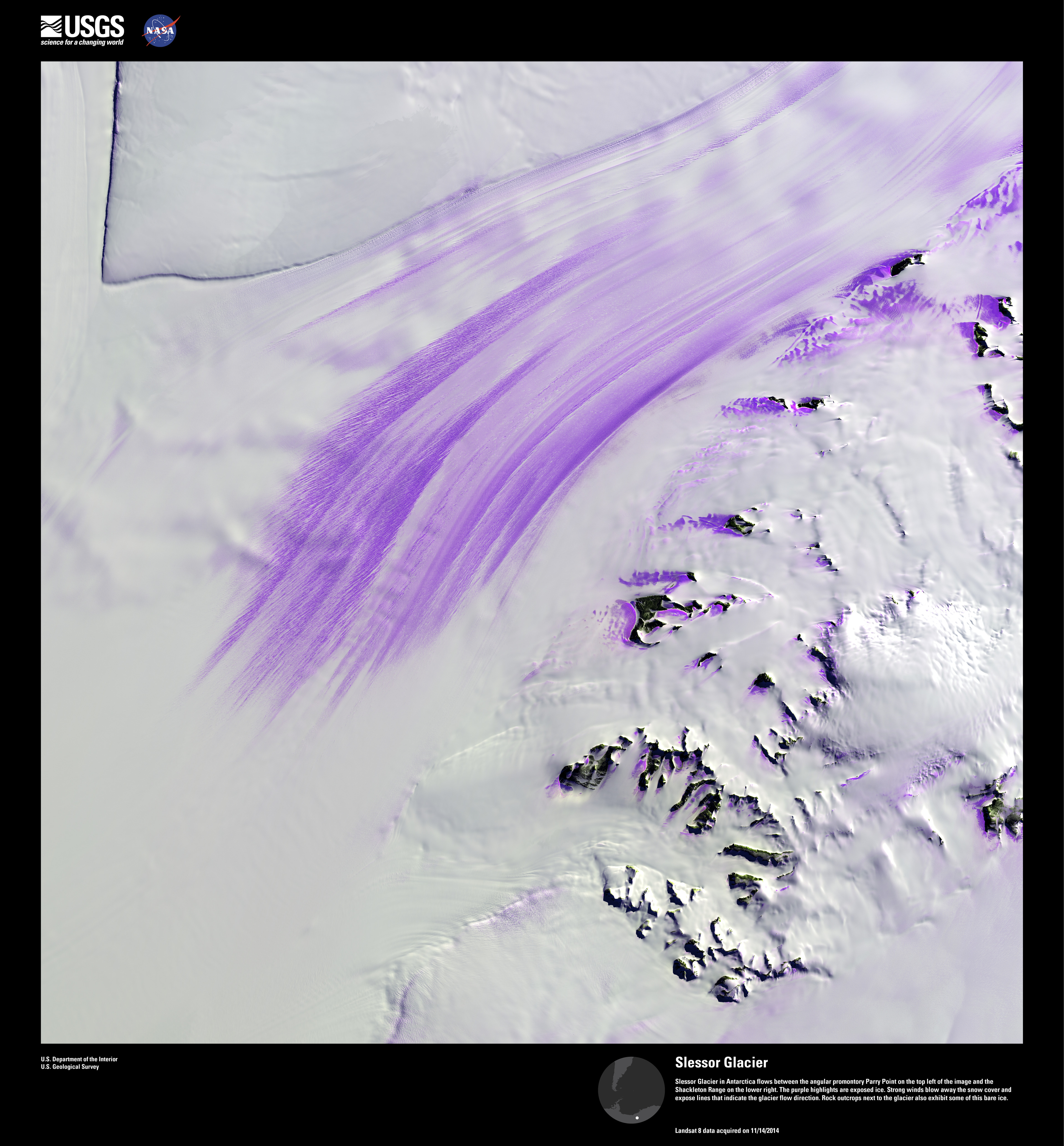 Satellite desktop wallpaper: Slessor Glacier, a false-colour Landsat image of the Slessor Glacier, Antarctica — USGS Earth as Art