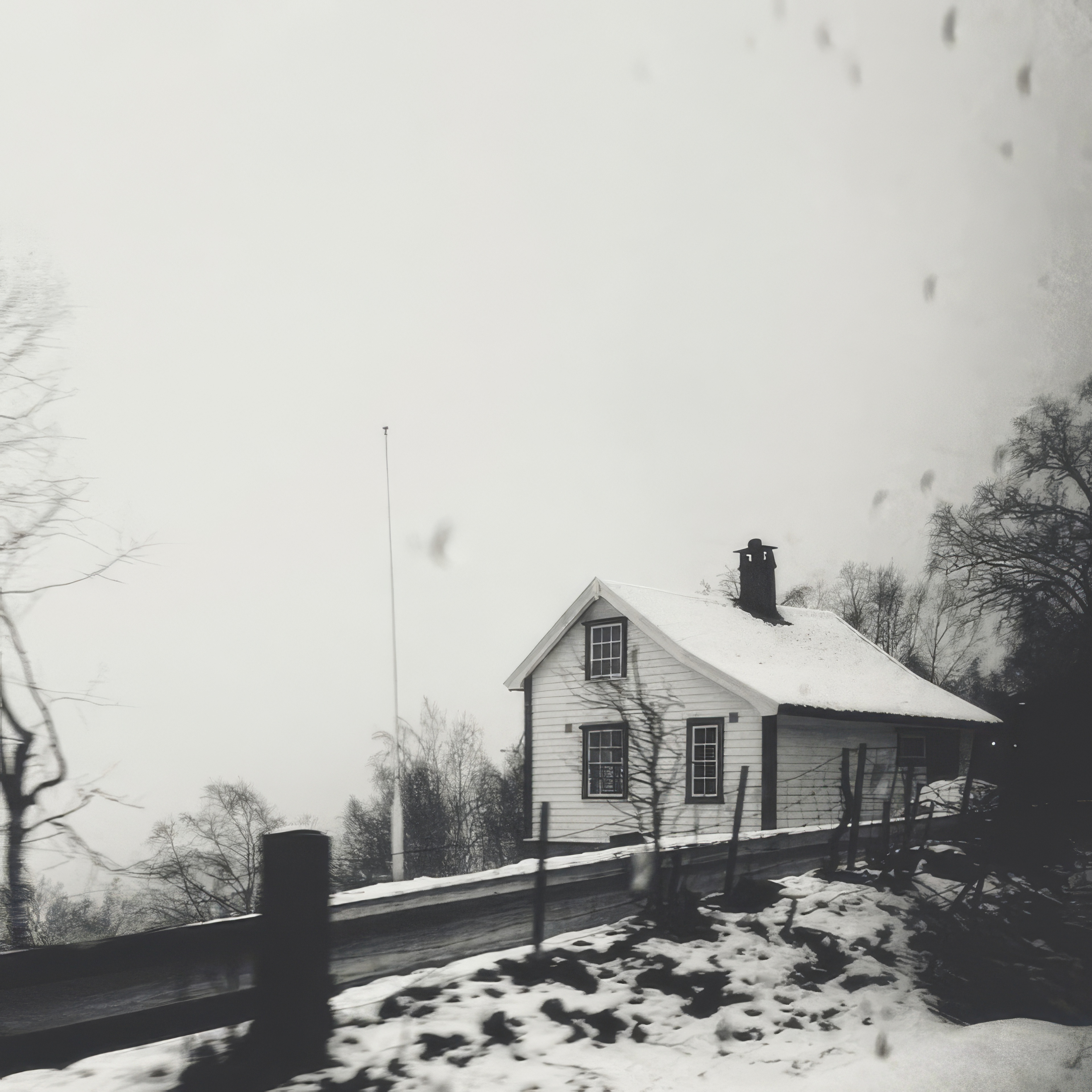 Phone wallpaper photo: a small snow-covered house with a bare flagpole, shot in near-monochrome