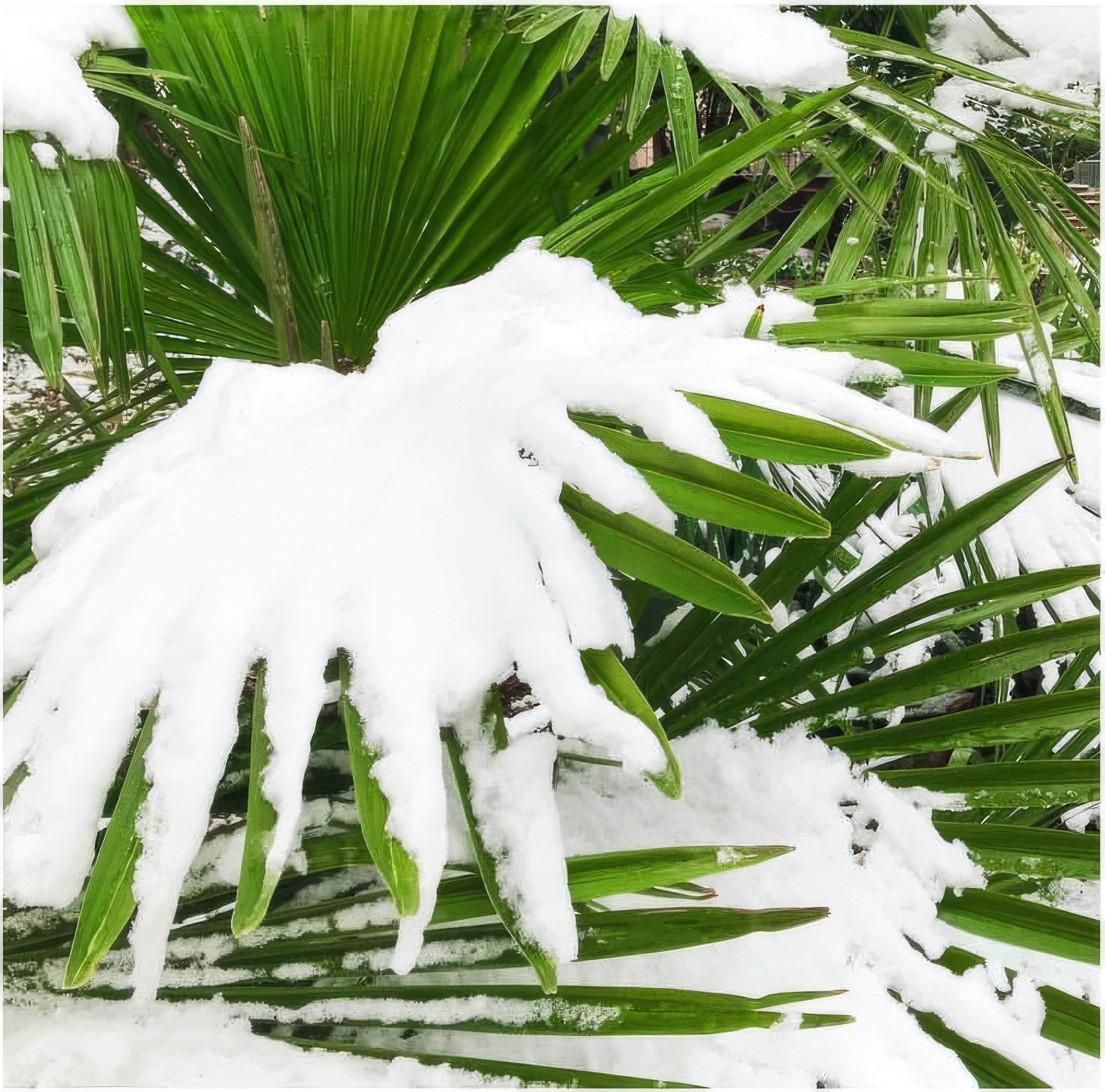 Desktop wallpaper photo: a palm frond weighed down by snow against a hazy sky