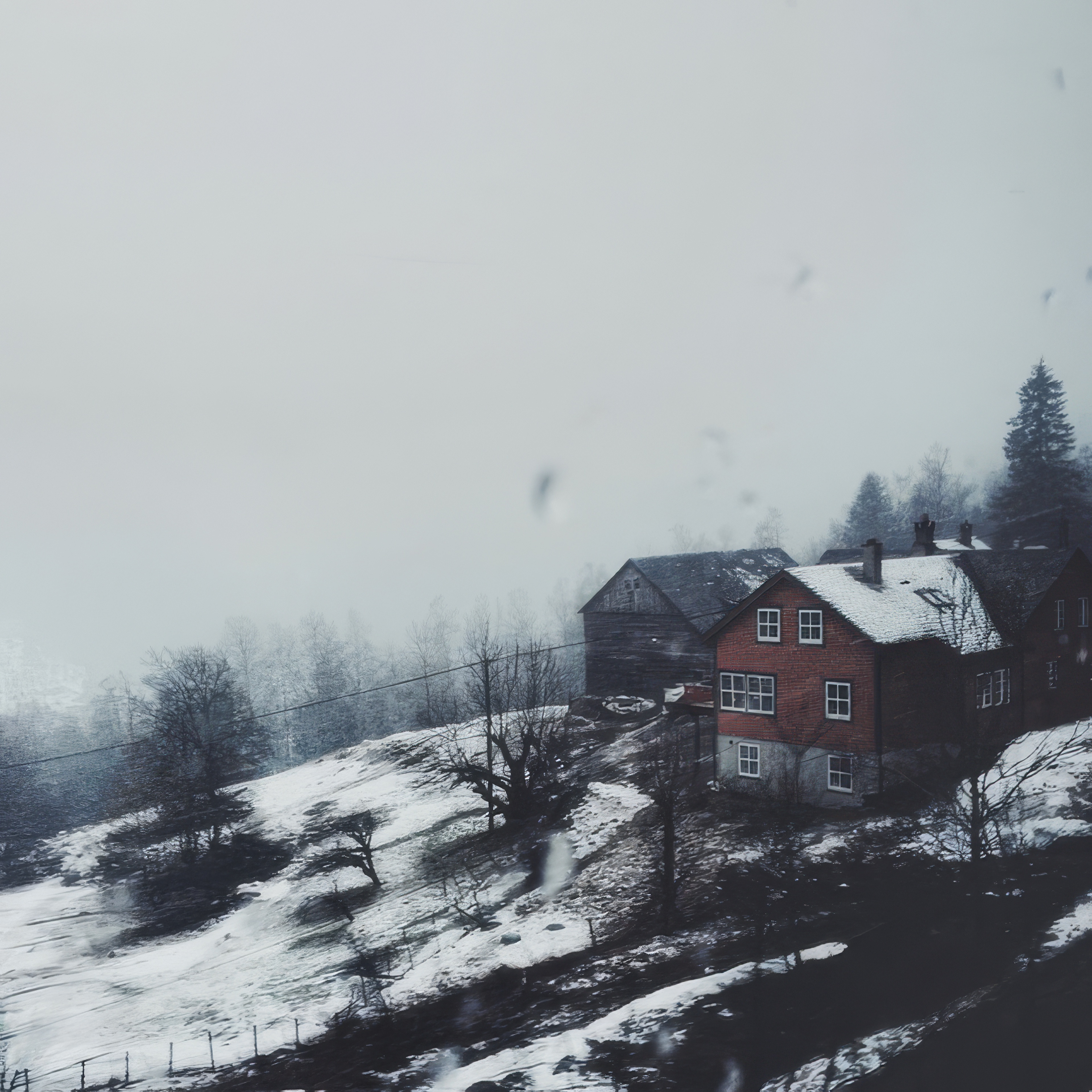 Phone wallpaper photo: a red farmhouse beside a snow-covered field under grey sky