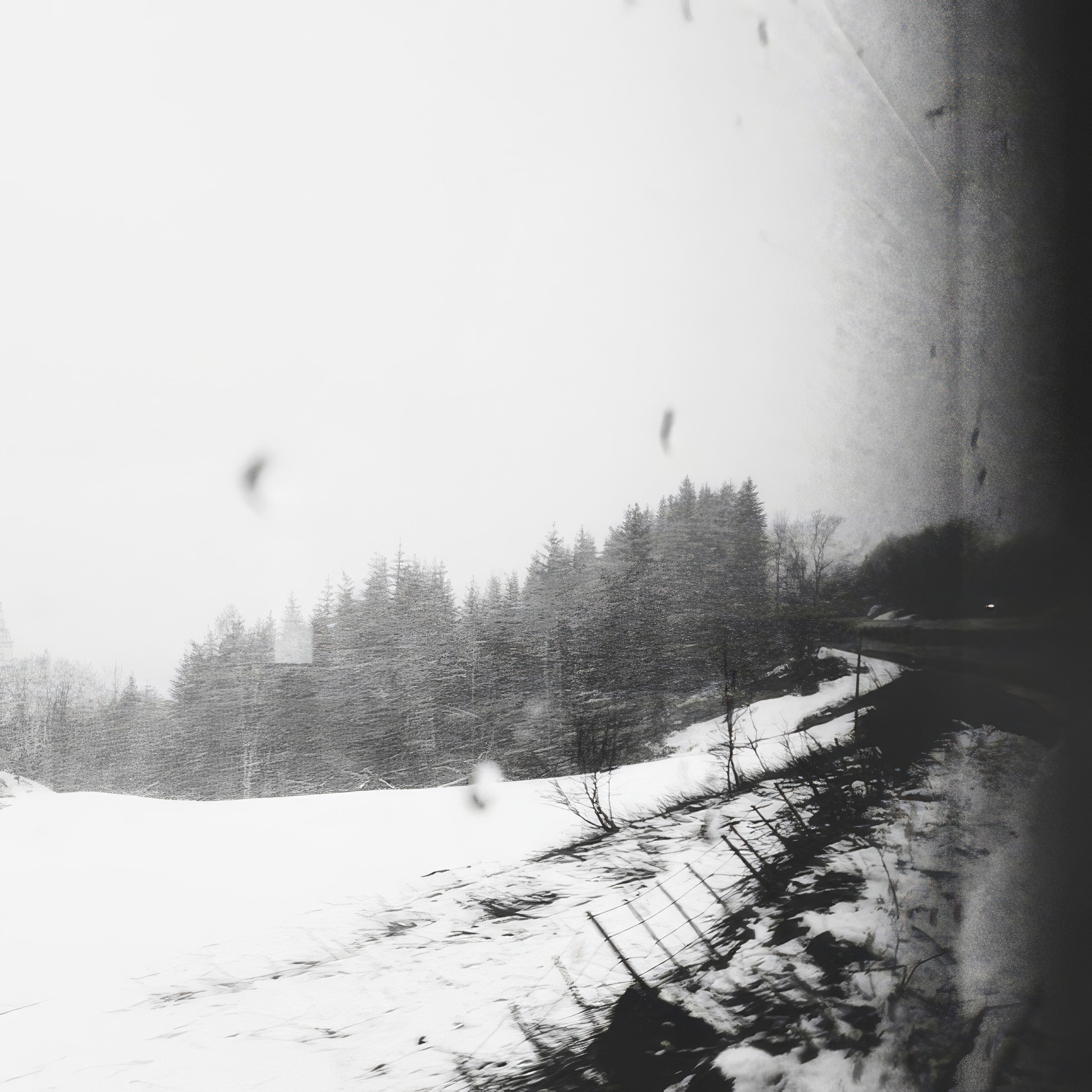 Phone wallpaper photo: a snow-covered field with a fence line, treated in near-monochrome light