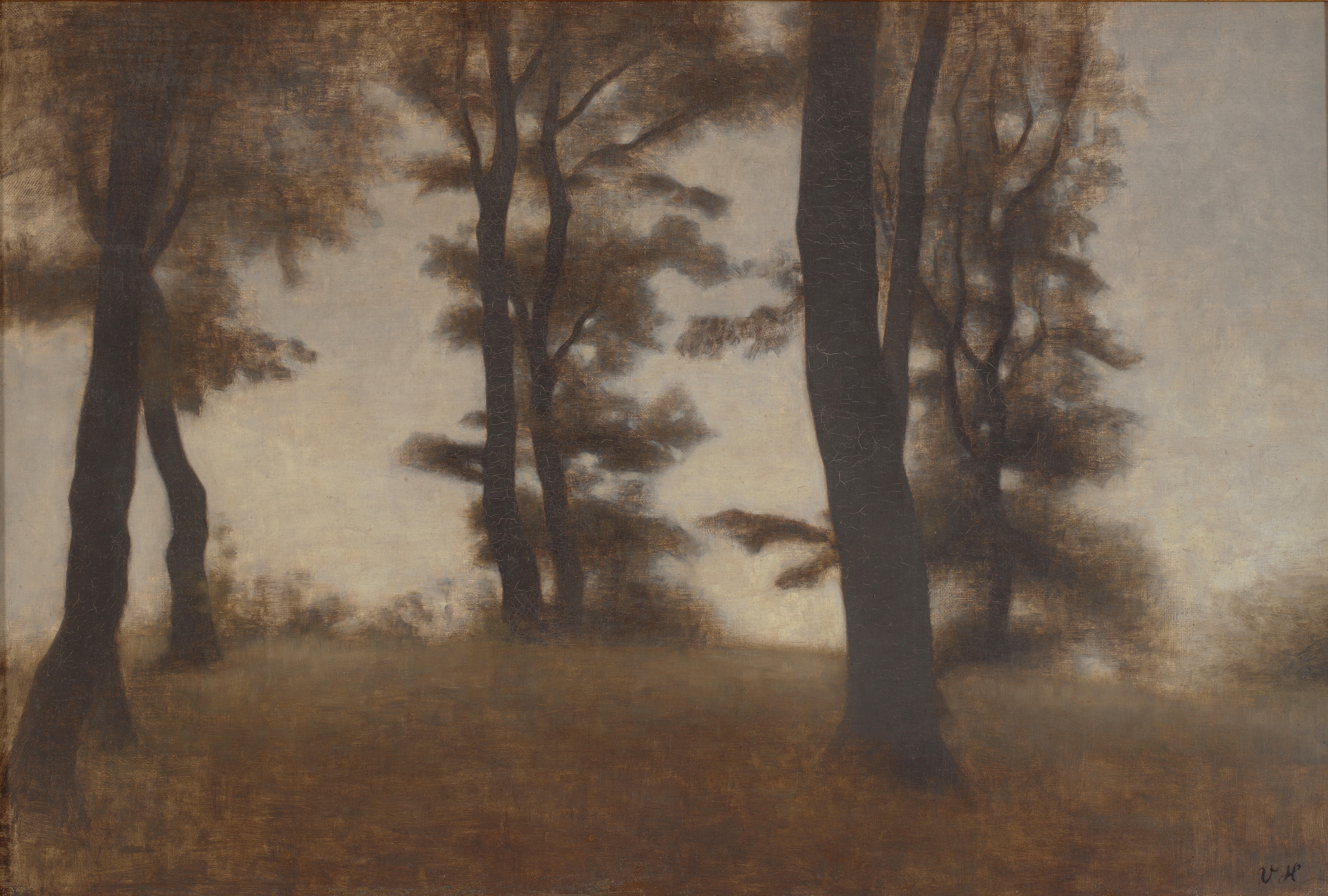 Dark forest desktop wallpaper from a painting: Træstammer. Arresødal, Frederiksværk, Vilhelm Hammershøi, 1904 — SMK, National Gallery of Denmark