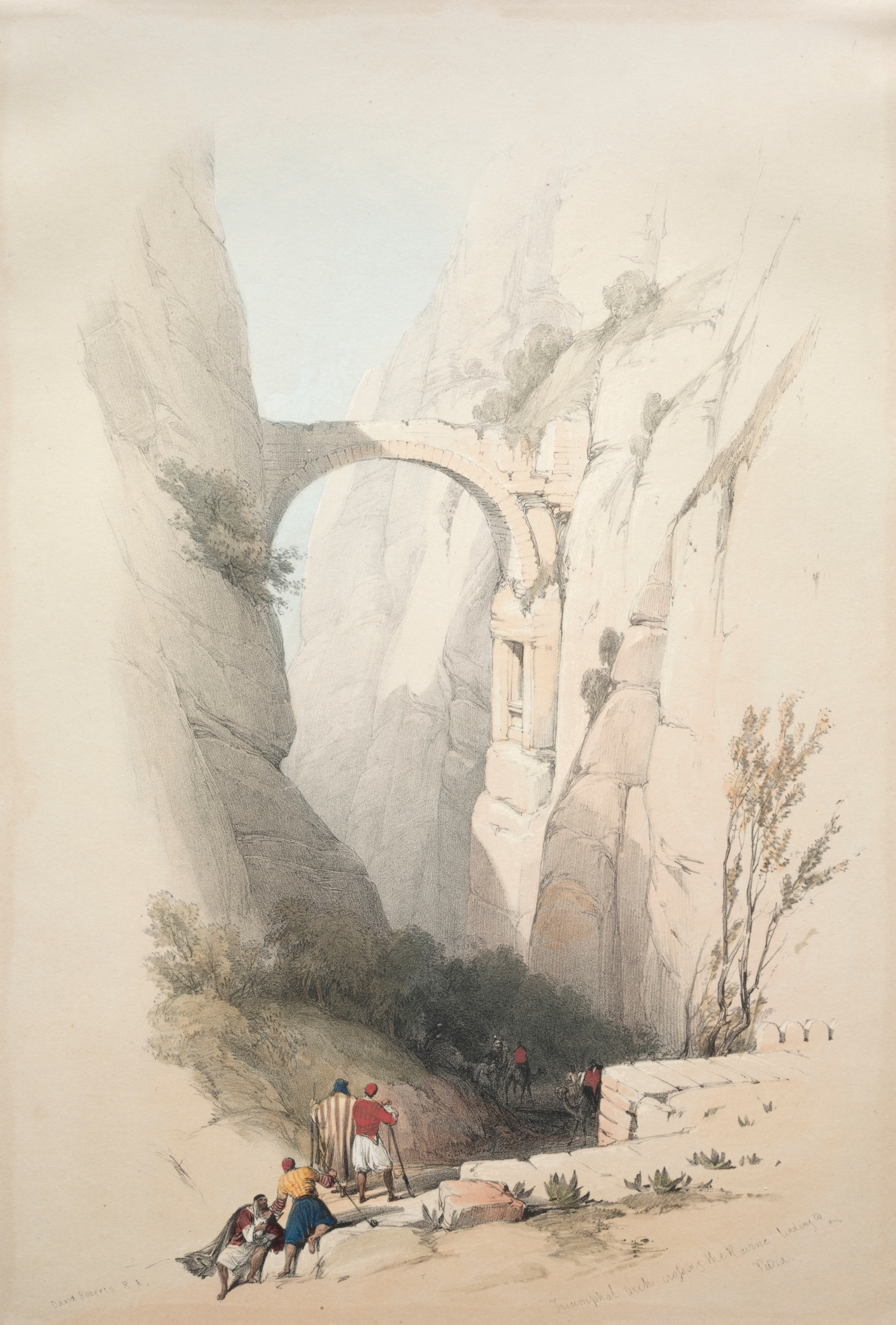 English print phone wallpaper from a print: Triumphal Arch Crossing the Ravine Leading to Petra, David Roberts, 1839 — Cleveland Museum of Art