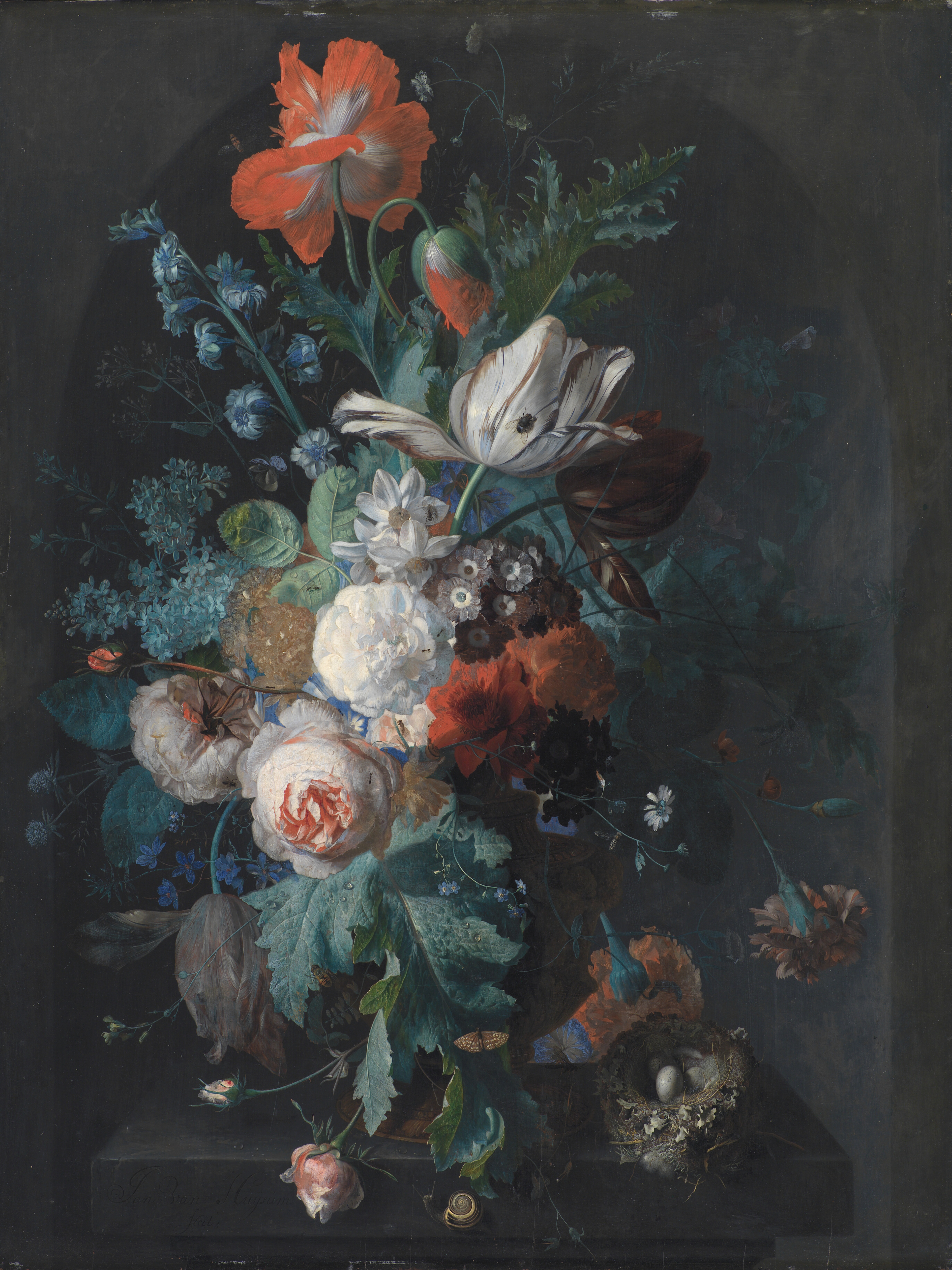 Dark floral phone wallpaper from a painting: Vase med blomster, Jan van Huysum, 1700–1749 — SMK, National Gallery of Denmark