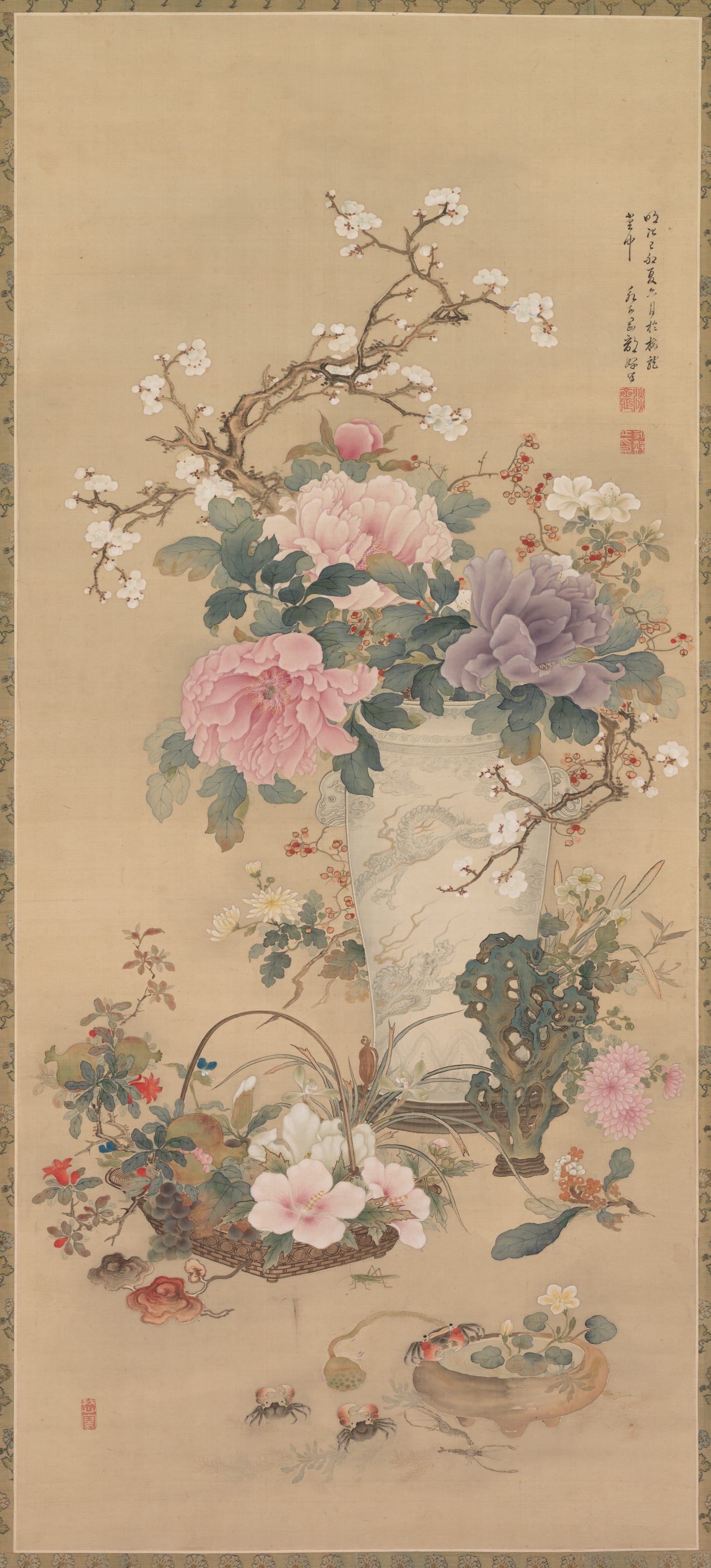 Bright seascape phone wallpaper from a painting: Vase of Flowers with Grasshopper, Marine Life, and Garden Rock, Okabe Ko, late 1800s — Cleveland Museum of Art
