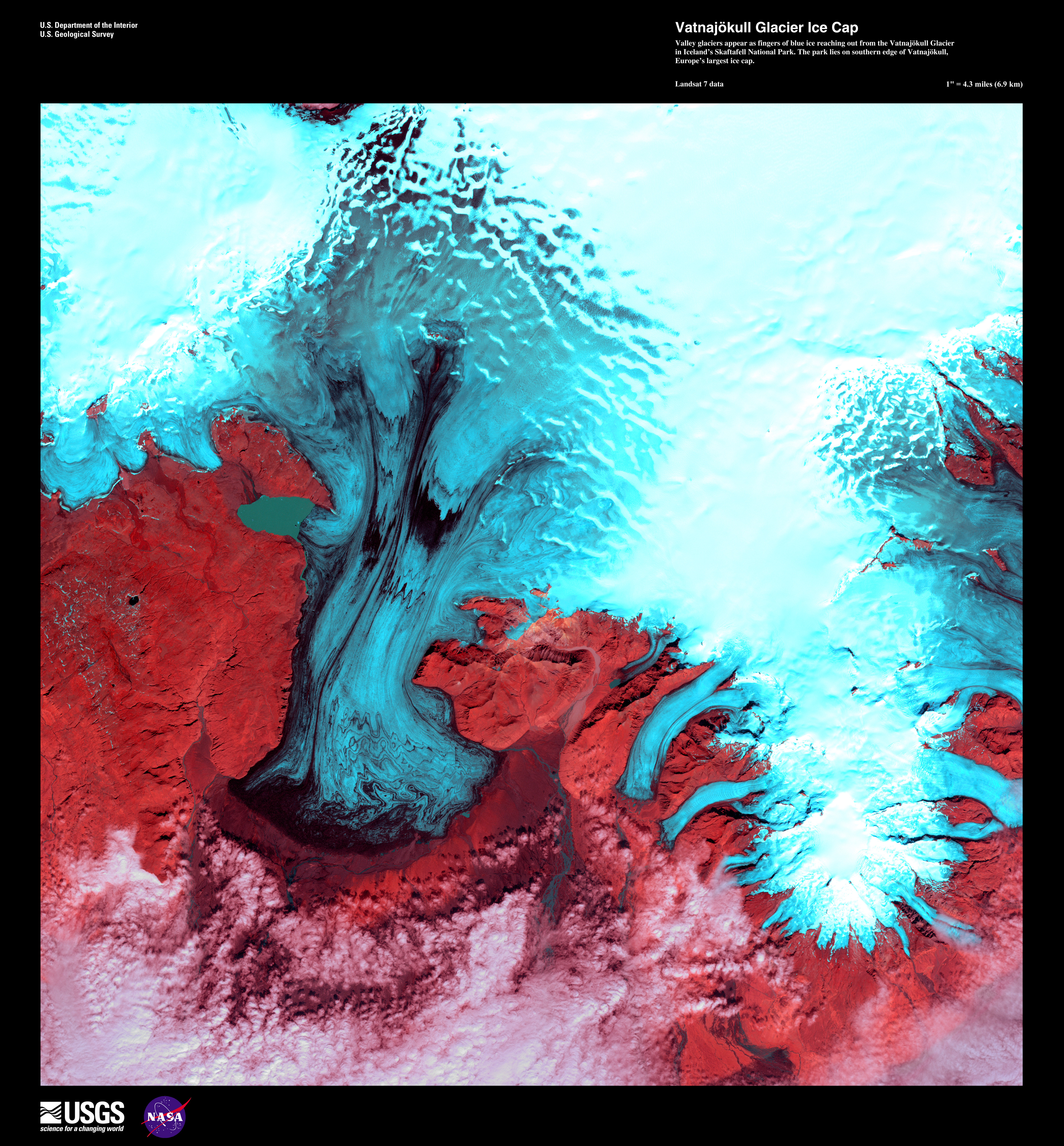 Satellite desktop wallpaper: Vatnajokull Glacier Ice Cap, a false-colour Landsat image of the Vatnajökull ice cap, Iceland — USGS Earth as Art