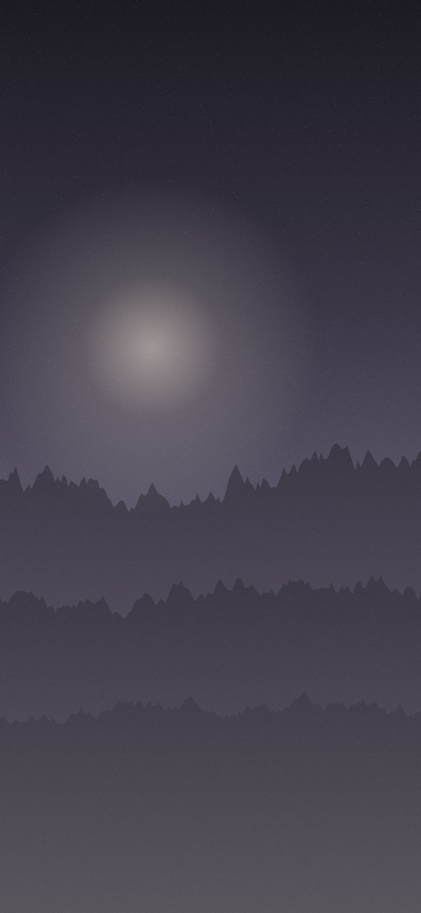 Muted violet gradient phone wallpaper: hazy ridgelines in dusty lilac over a charcoal sky