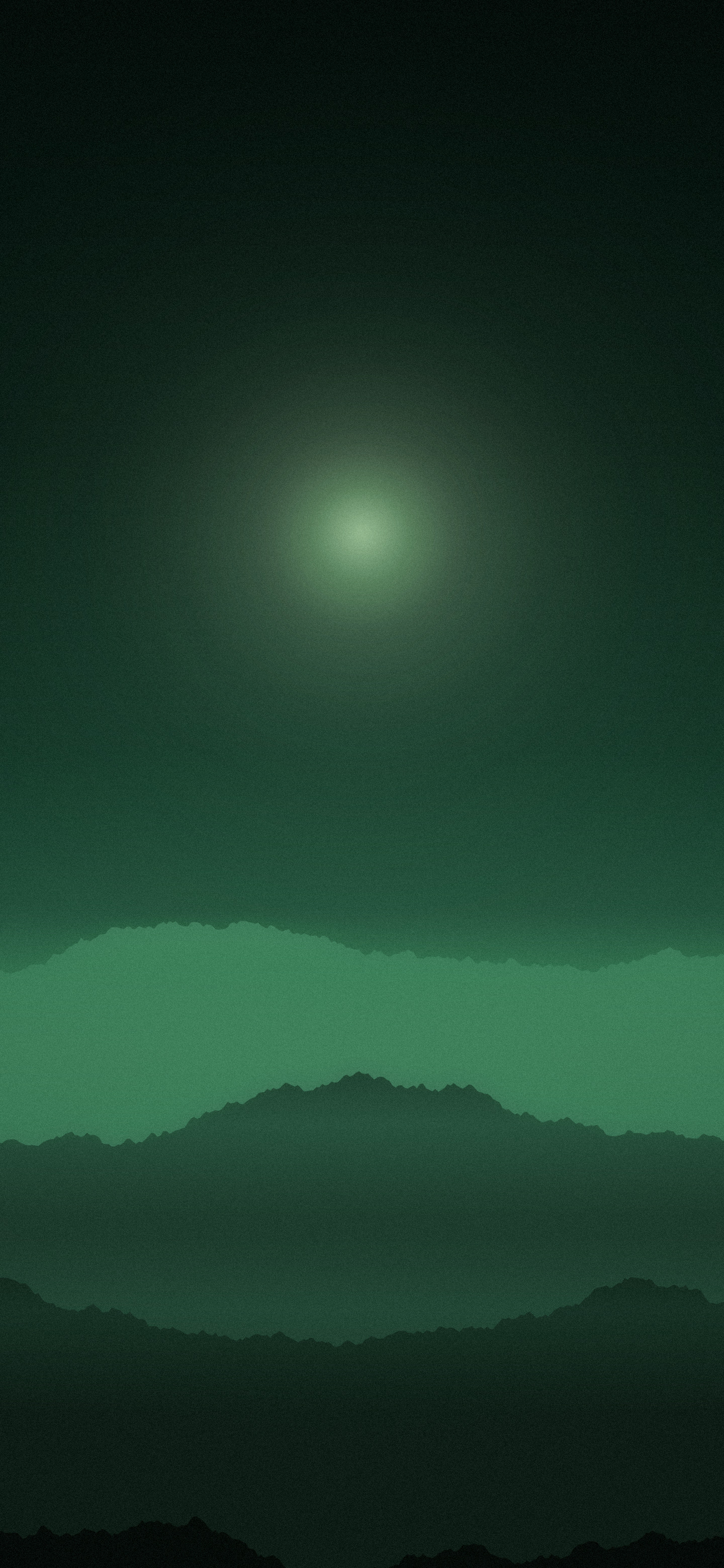 Green phone wallpaper: layered treelines in fog under a green sky, a wide soft glow with no visible source