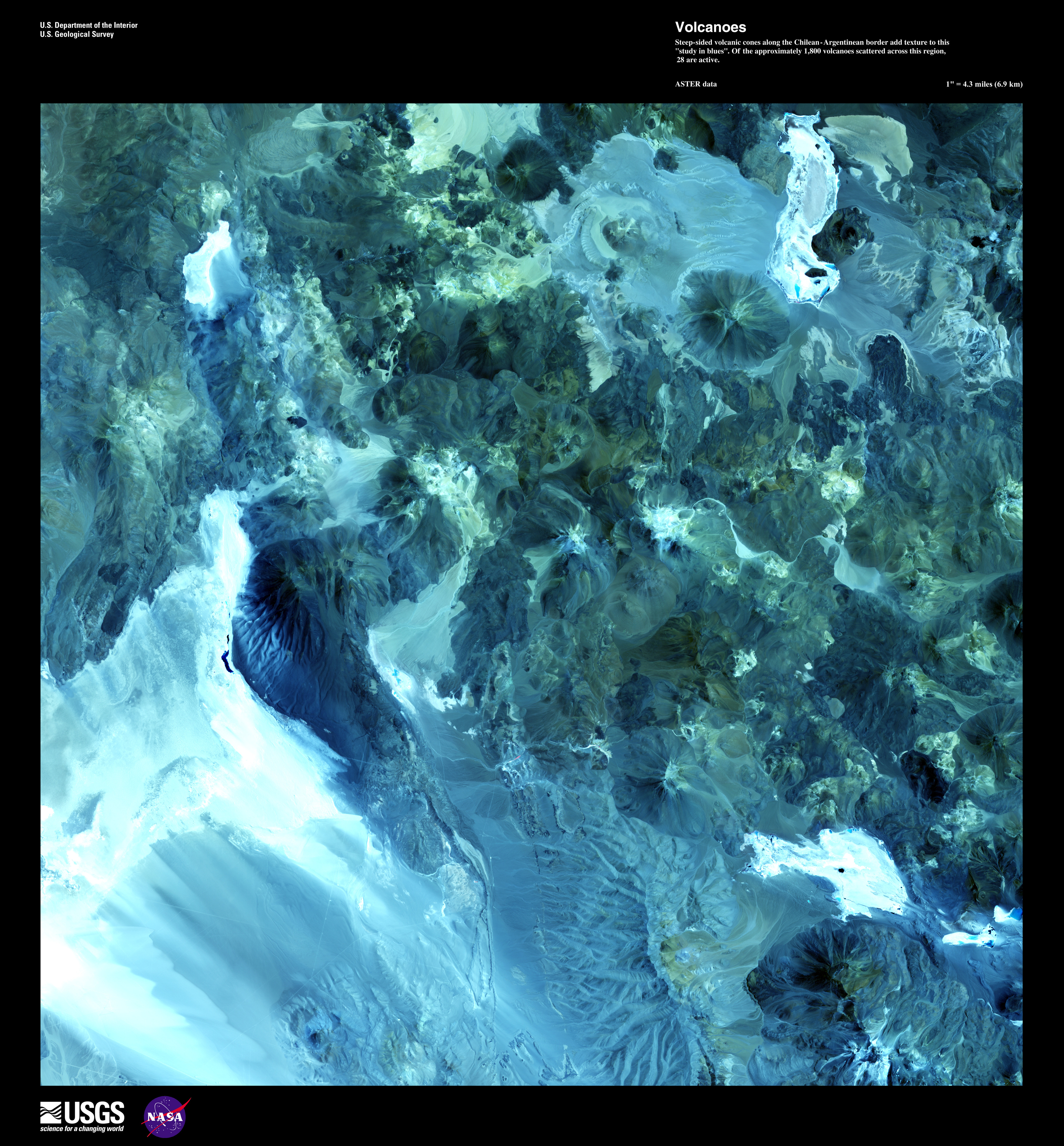 Satellite desktop wallpaper: Volcanoes, a false-colour Landsat image — USGS Earth as Art