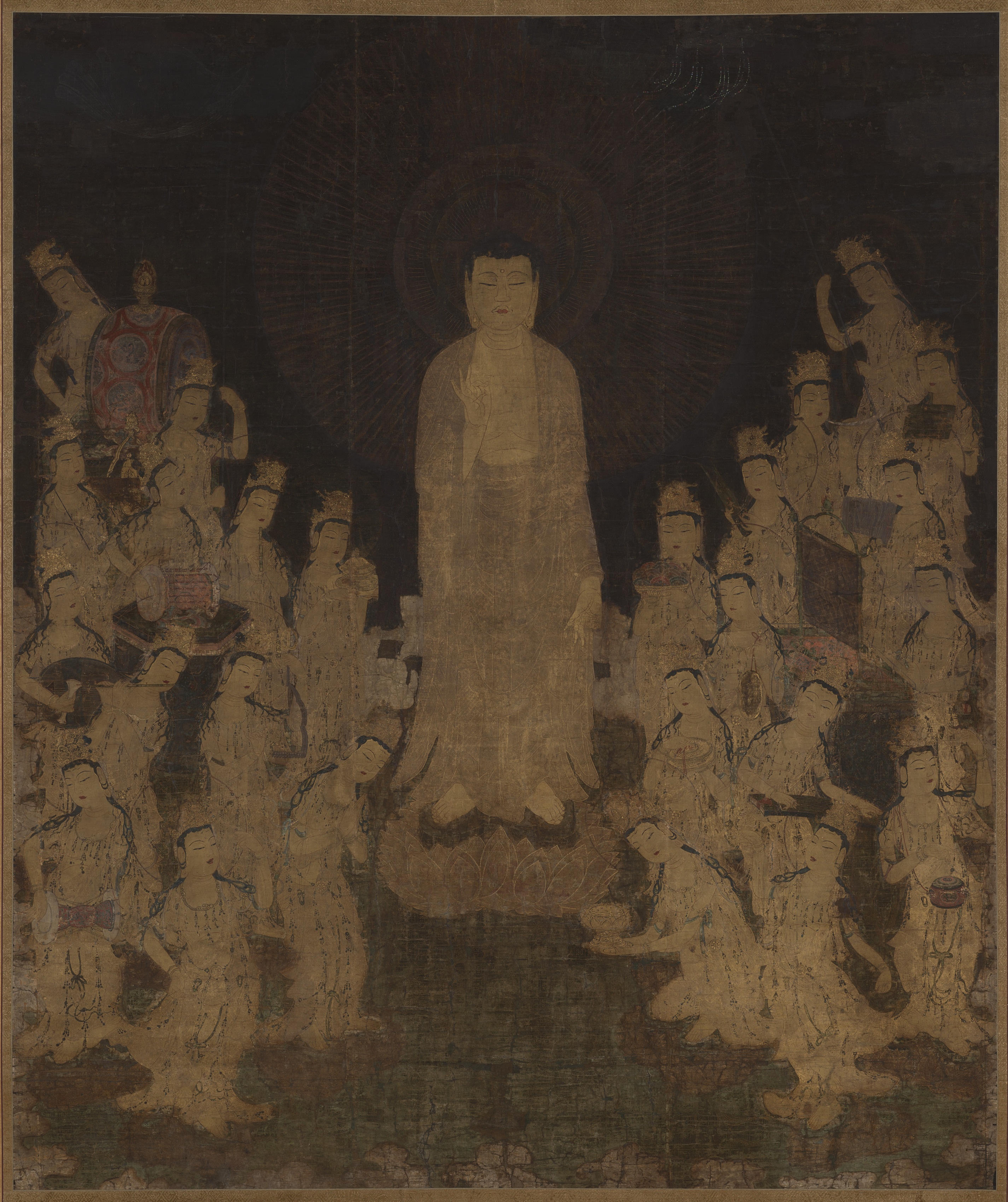 Japanese painting phone wallpaper from a painting: Welcoming Descent of Amida with Twenty-Five Bodhisattvas, Japan, mid-1300s — Cleveland Museum of Art