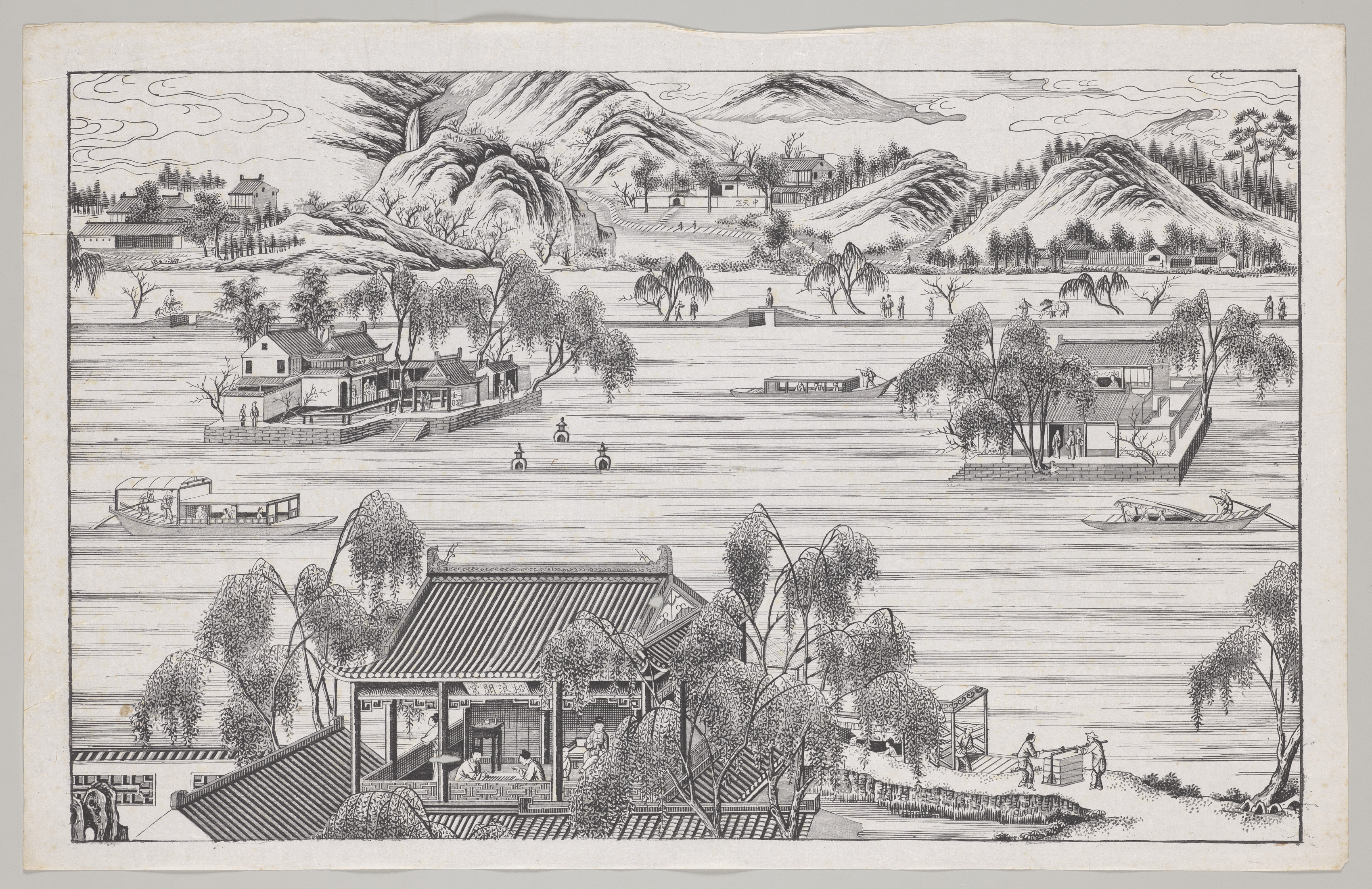 Bright landscape desktop wallpaper from a print: Westlake Panorama, Southeast China, mid-1700s — Cleveland Museum of Art
